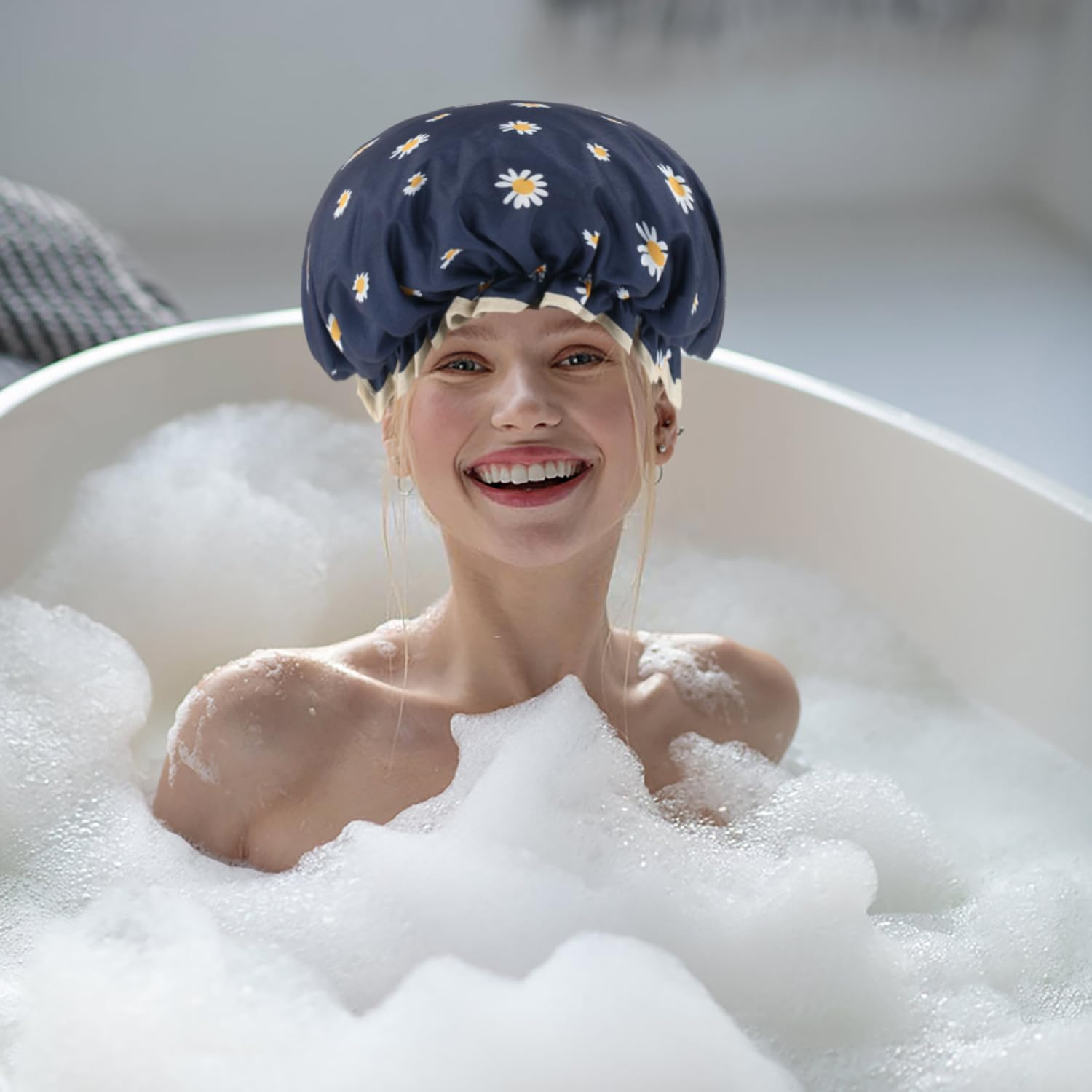 Vaolmlop Pack of 2 Shower Cap, Reusable Shower Caps for Women & Men,Waterproof with Elastic Band & Soft Lining,For Women Girls Ladies Spa Salon Home Use image number 5