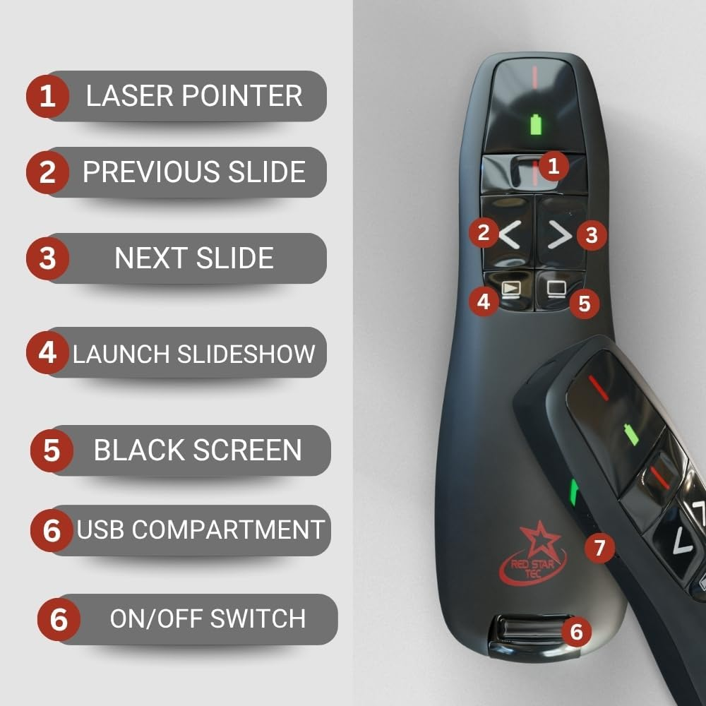 Red Star Tec PR-819 Wireless Remote Presentation Clicker - Office Computer Slide Changer and Slide Advancer Presenter with Laser Pointer