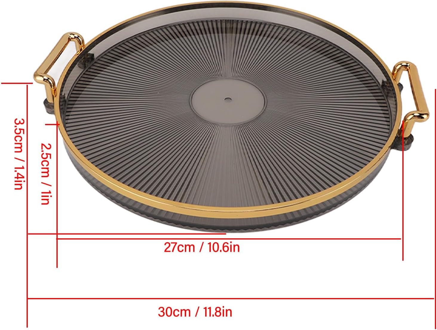 Round Decorative Tray with Gold Handles - Multi Functional Golden Rim Serving Tray for Fruit Desserts, round Tray with Gold Handle (Smoke Gray)