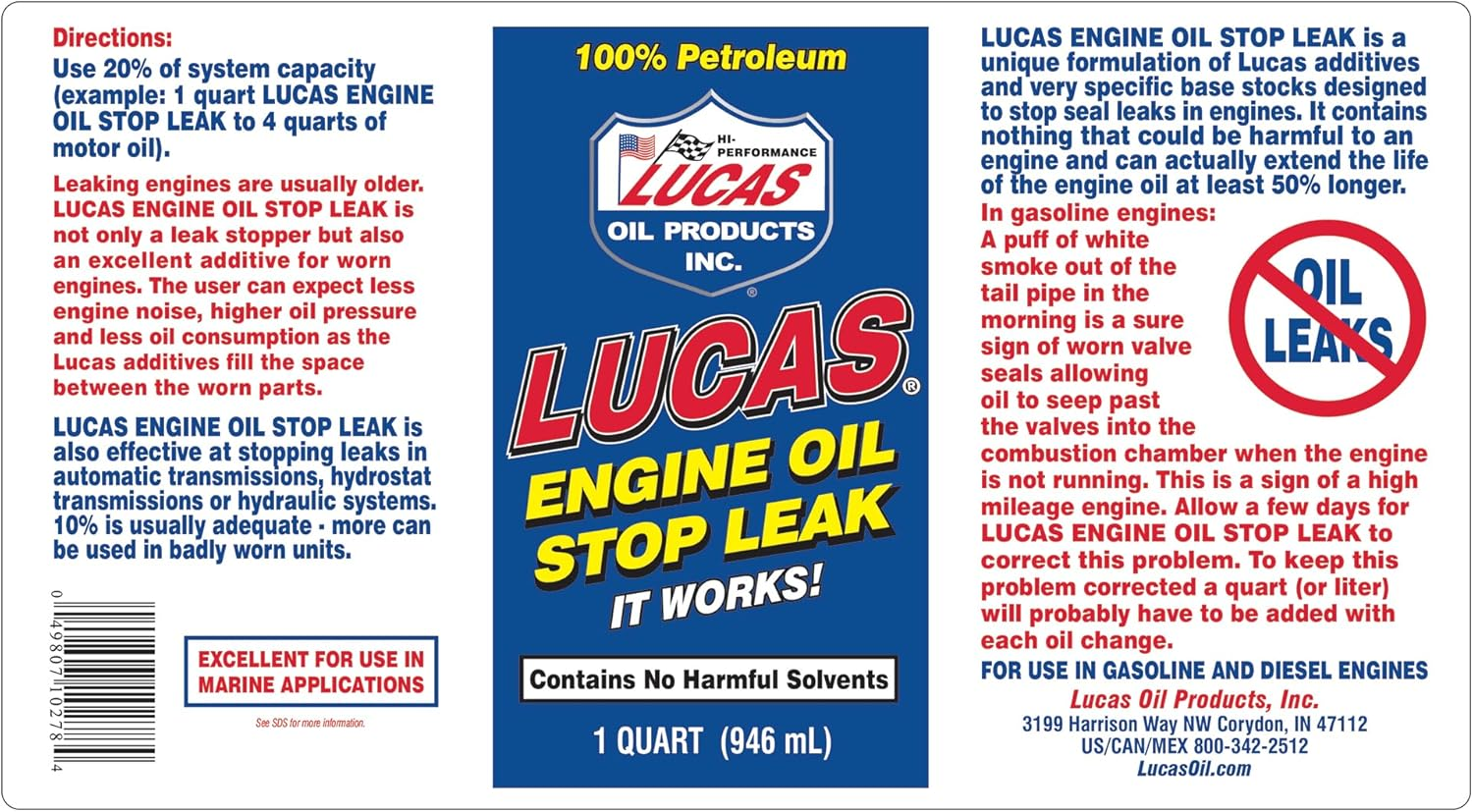 Lucas Oil 10278 Engine Oil Stop Leak- 1 Quart (946Mls) image number 2