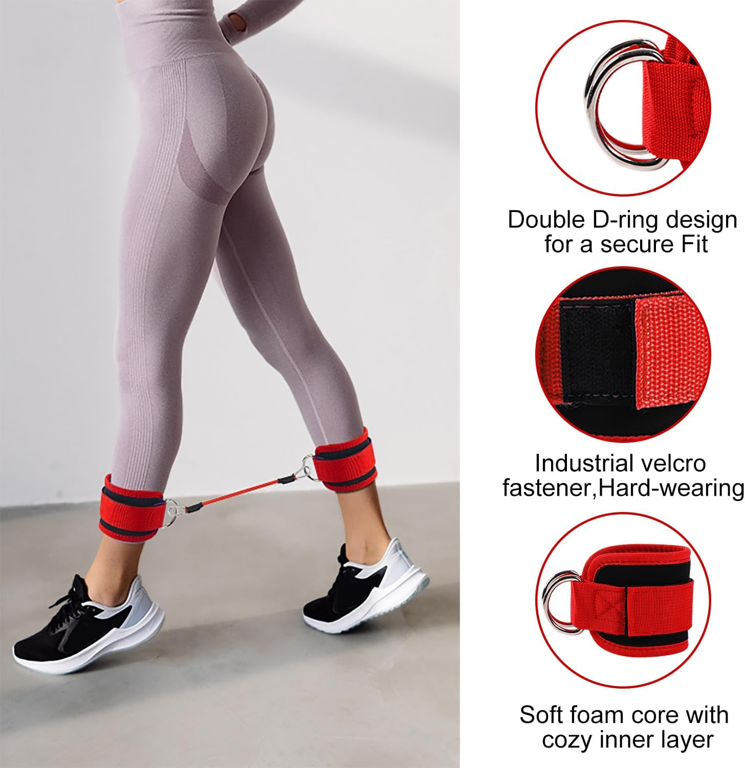 Icovalescent Pack of 2 Foot Straps Cable Pull, Weight Cuffs, Fit Grip Lifting Straps for Fitness, Gym, Workout, Cable Machines, Strength Training Equipment (Red) image number 4