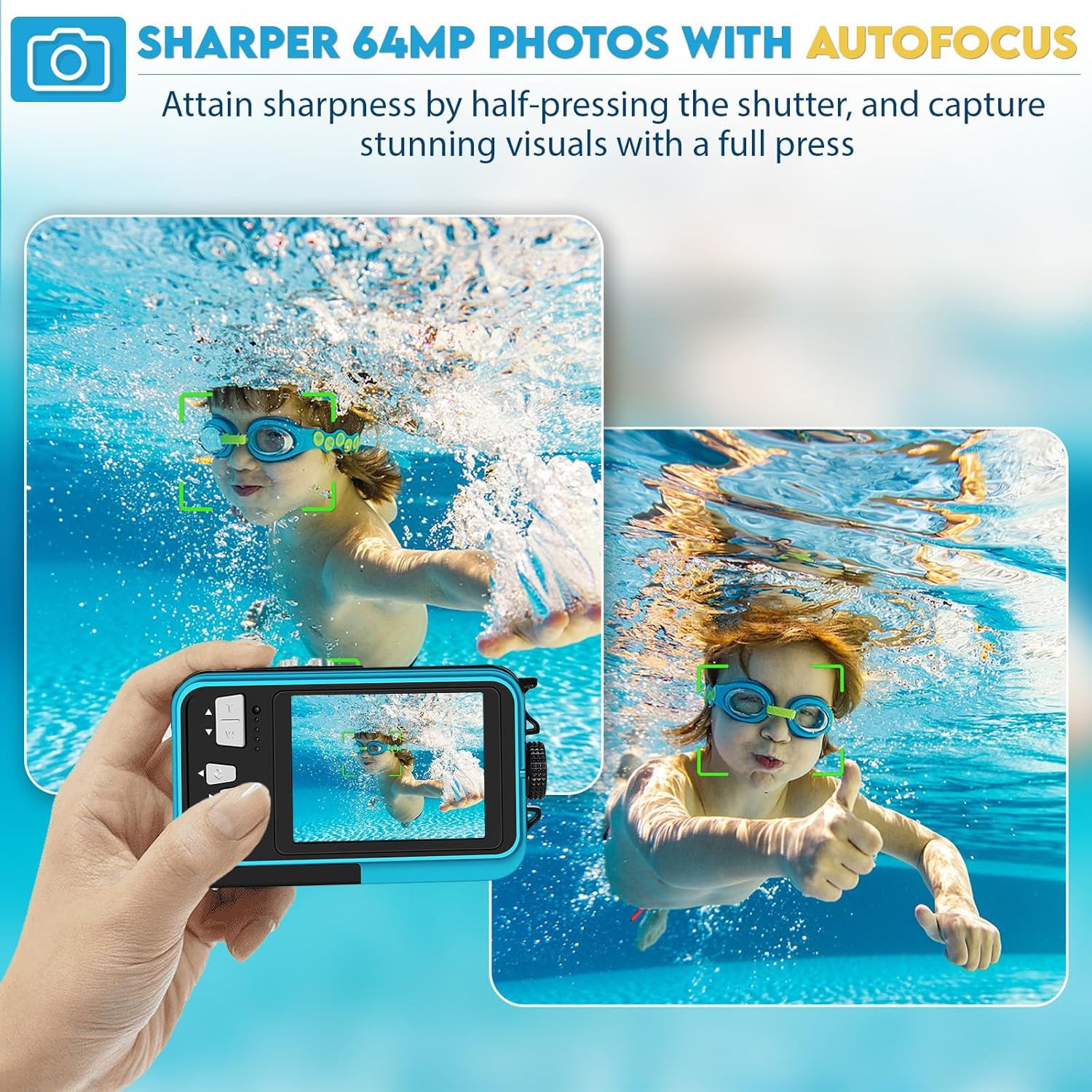 64MP Underwater Camera with 64GB Memory Card, 4K Waterproof Camera with Autofocus and Selfie Dual Screens, 5 Meter Waterproof Digital Camera, Kids Underwater Camera for Snorkeling (2 Batteries) image number 3