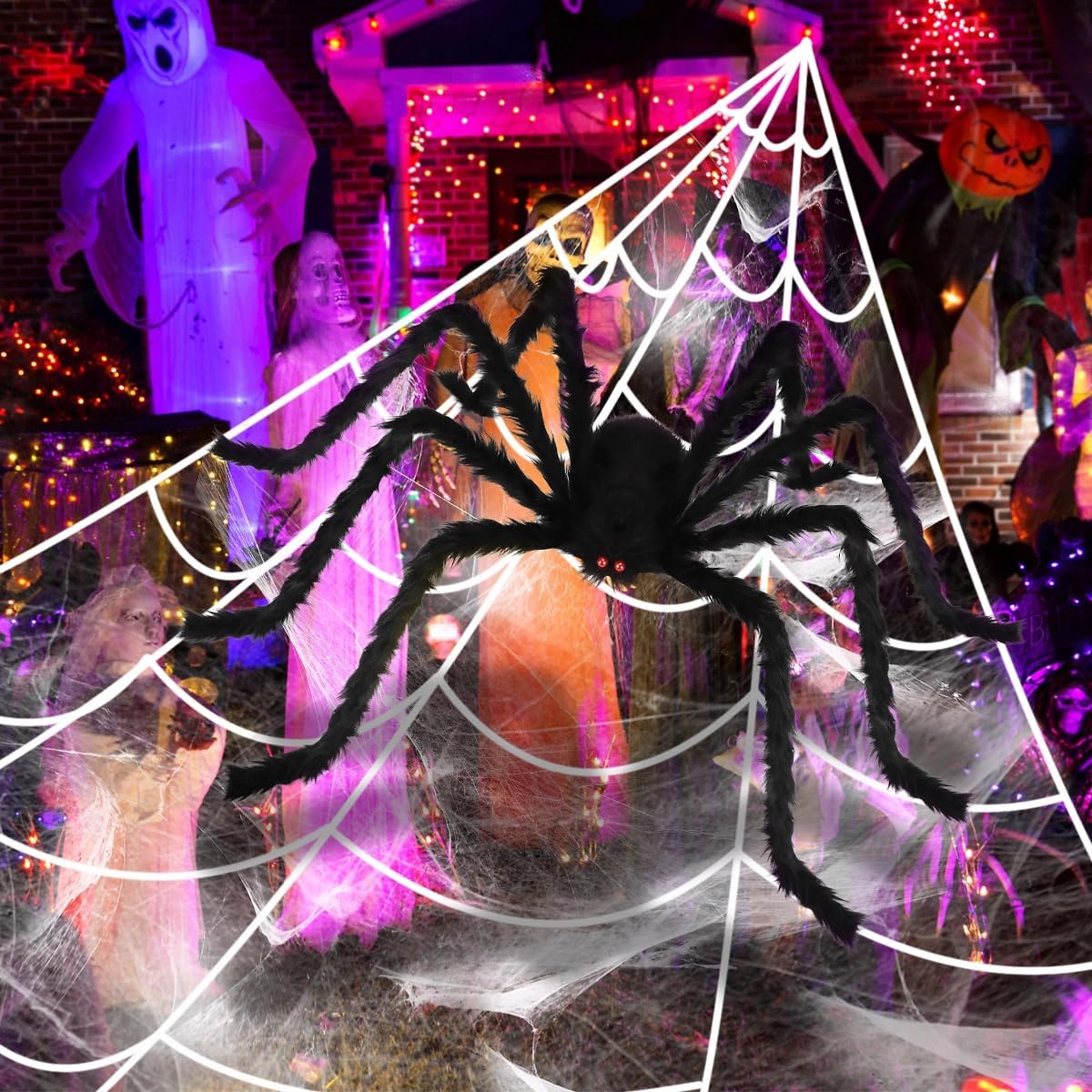 Halloween Spider Web & Giant Spider Decorations,Lifelike Hairy Spider Stretchable Web, All-Weather for Porch/Yard/Living Room, Complete Set with Installation Accessories image number 4