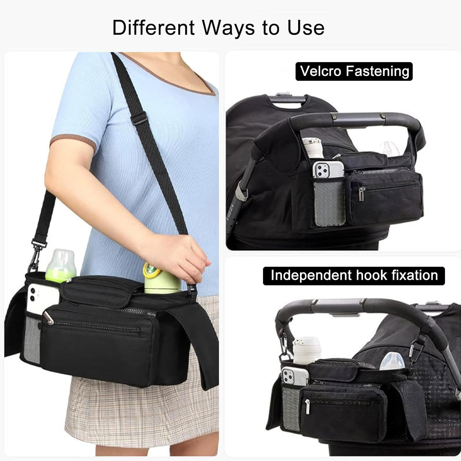Stroller Organizer Storage Bag with Adjustable Shoulder Strap, Insulated Cup Holder and Detachable Phone Pouch, Suitable for Travel Stroller, Baby Caddy Jogger and Pet Pram, 2 Hooks image number 2