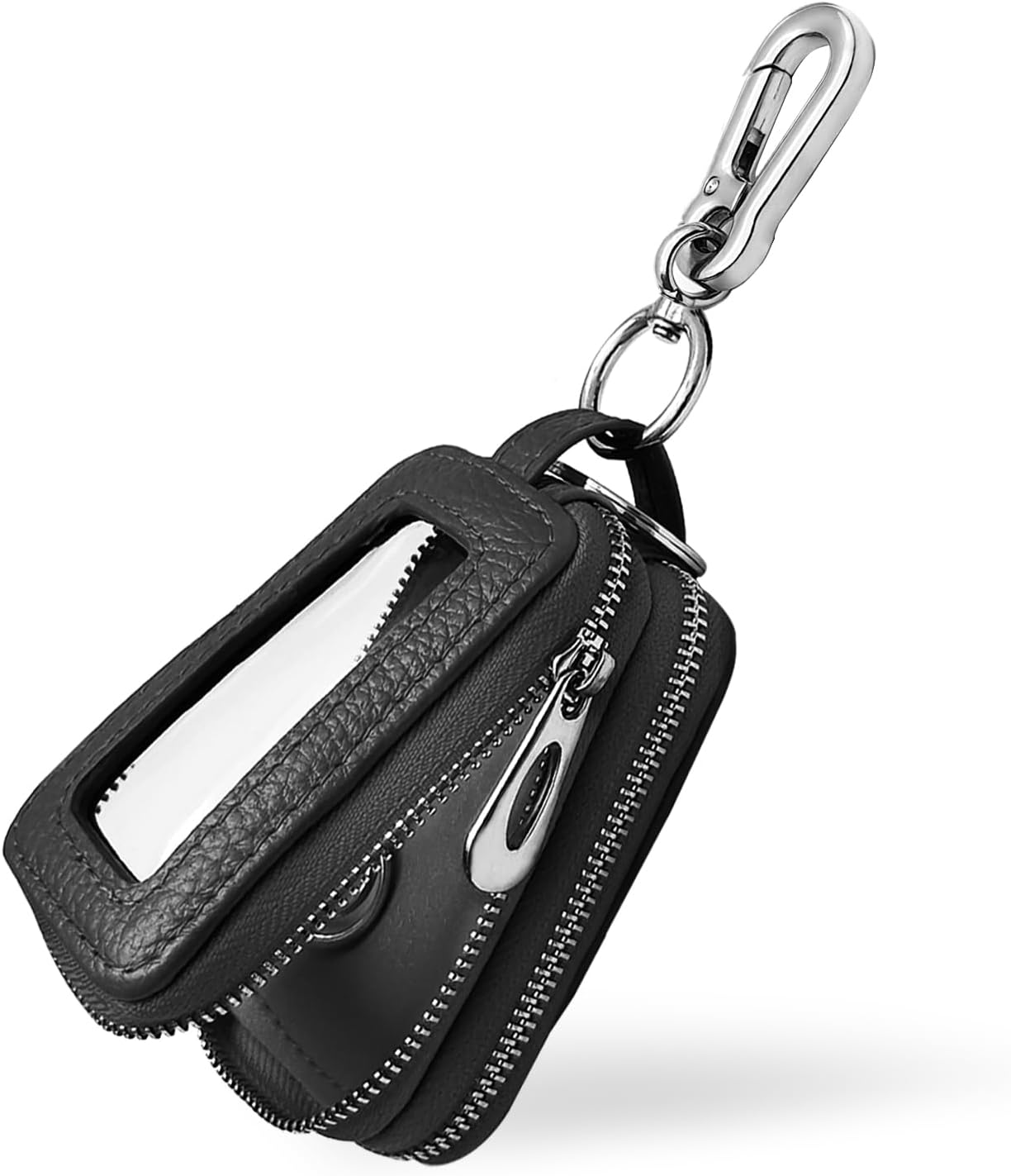 NTNEV Car Key Fob Case, Double Zipper Genuine Leather Protection Key, Universal Premium Car Key Fob Case, Metal Hook and Keyring with Transparent Window for Men Women (Black) image number 6