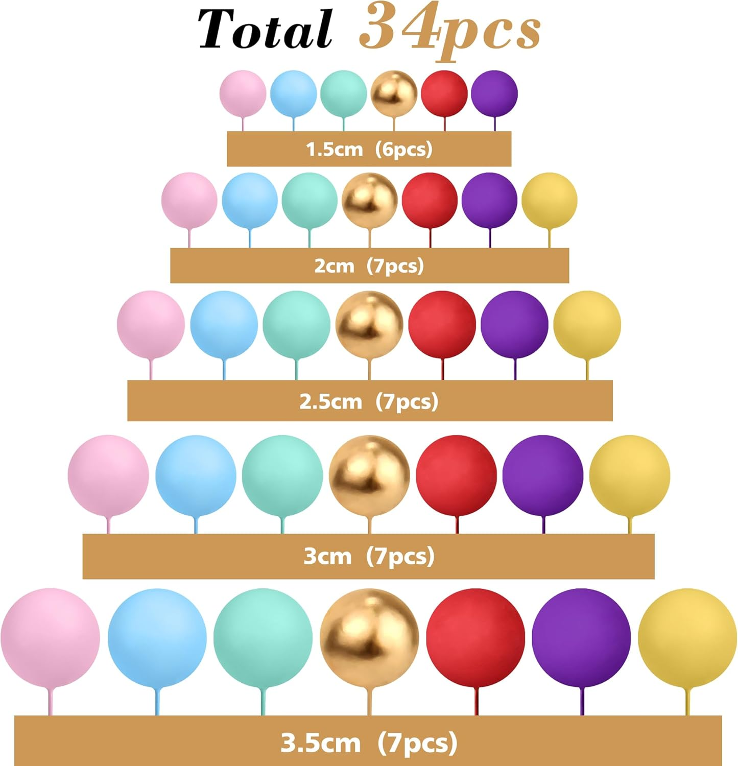34Pcs Mini Balloon Cake Topper 5 Sizes Foam Cake Balls Cupcake Toppers 7 Colors Pink Gold Purple Yellow Red Blue Green Cake Insert Birthday Cake Toppers round Ball Baking Decor for Wedding Baby Shower image number 6
