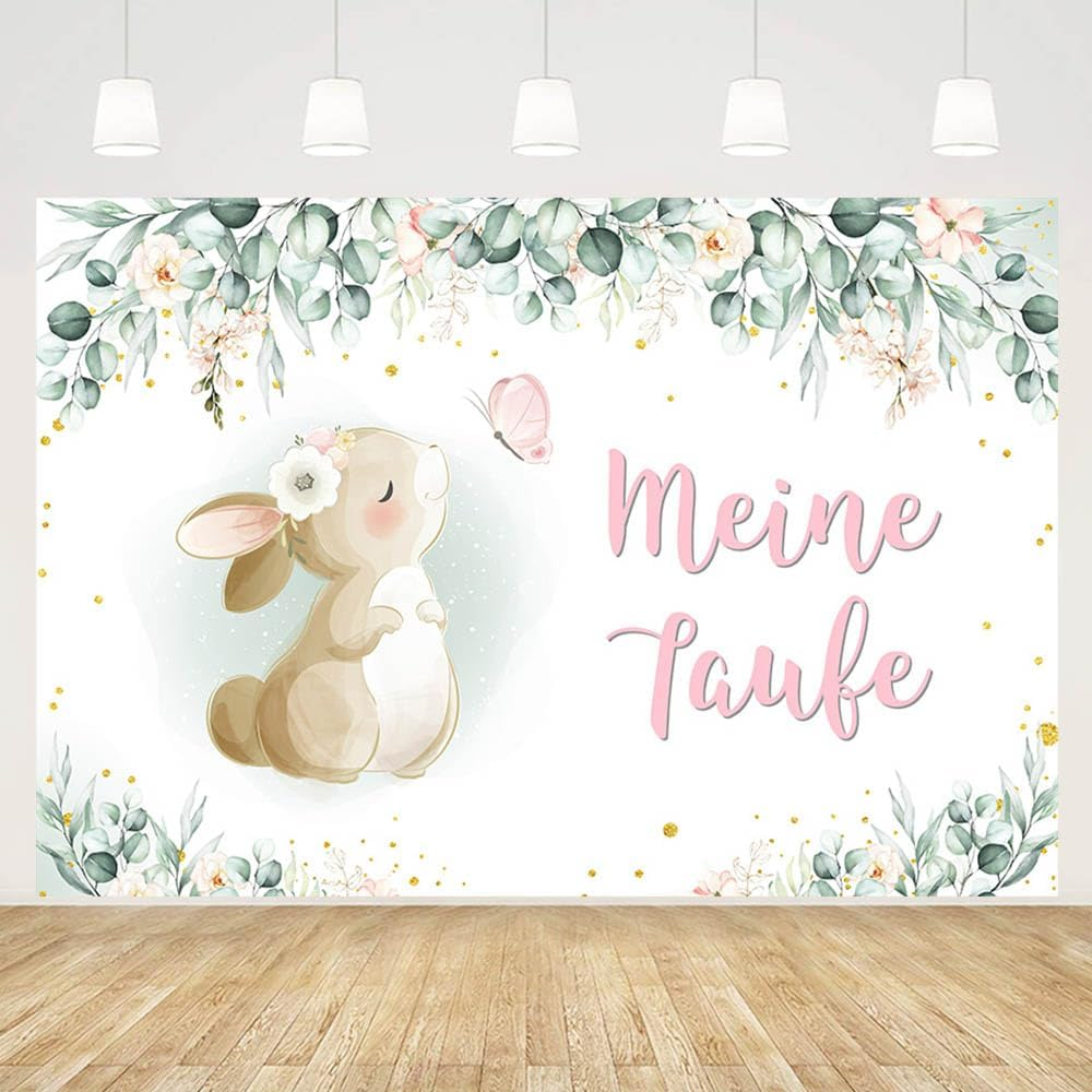 MEHOFOND 2.1 X 1.5 M My Christening Background Rabbit Butterfly Eucalyptus Leaves Flowers Background Boys Girls Newborn Baby Shower First Communion Christening Party Banner Photo Props image number 5