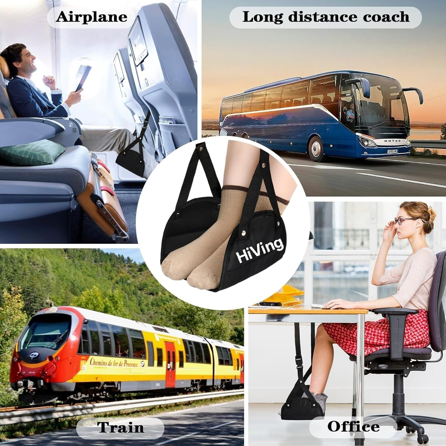 New Airplane Foot Rest,Portable Travel Footrest Flight Carry-On Footrest Adjustable Height Foot Rest Travel Accessories Footrests Hammock,Black image number 2