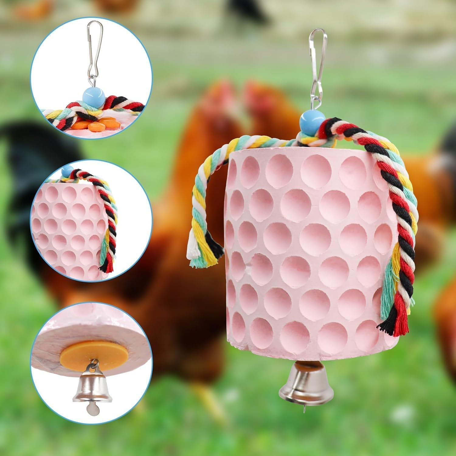 Large Chicken Chewing Toy with Bells, Calcium Stone for Beak Grinding, Cage Toys for Cockatiel Parakeet Parrot Budgies, Chicken Coop Accessories for Hamster Rabbit Bunny Rat (Pink) - Blue image number 4