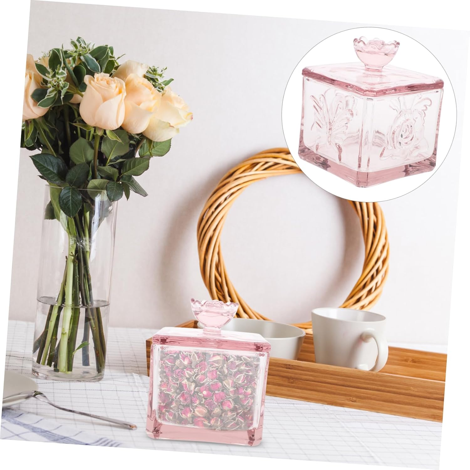 BUGUUYO Embossed Flower Glass Canisters Airtight Tea Sugar Storage Jars for Home Commercial Use image number 3