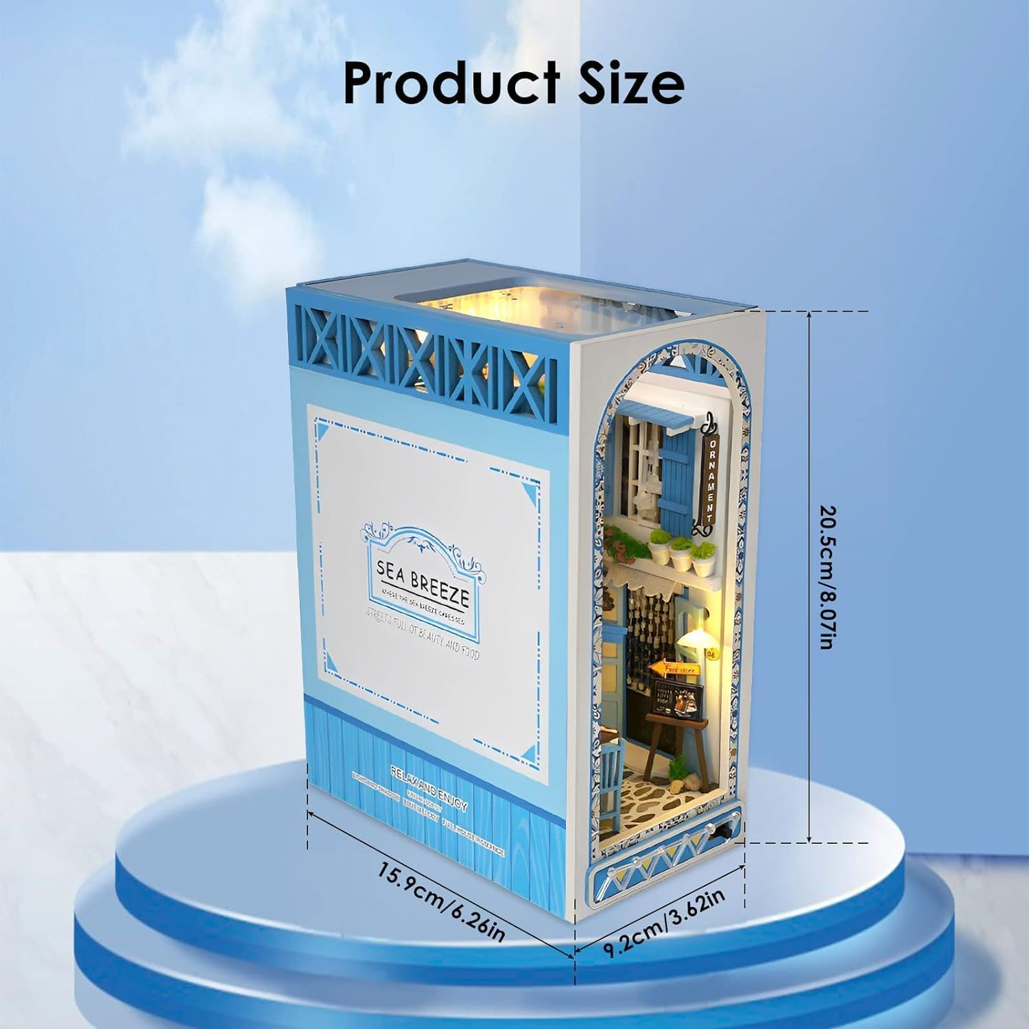 DIY Book Nook Kit 3D Wooden Puzzle Bookshelf Insert Decor with Light, DIY Miniature Dollhouse Model Kit Creative Bookshelf Insert Building Kits for Adults (Sea Breeze)