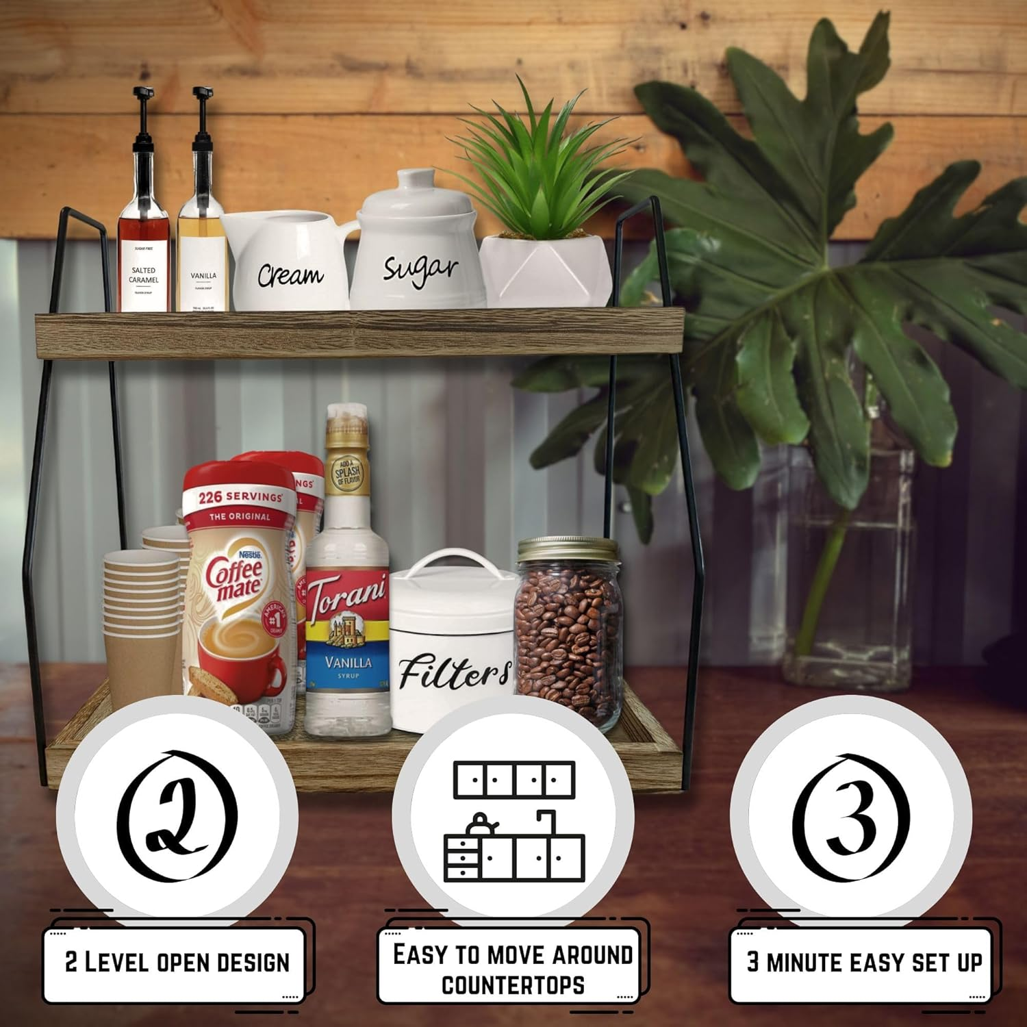 Coffee Bar Organizer, Coffee Station Organizer for Countertop, Farmhouse Coffee Bar Accessories Holder, Coffee Pod Storage Rack, Wooden Shelf for Bathroom, Kitchen, Coffee Bar Decor (Beige-A) image number 4