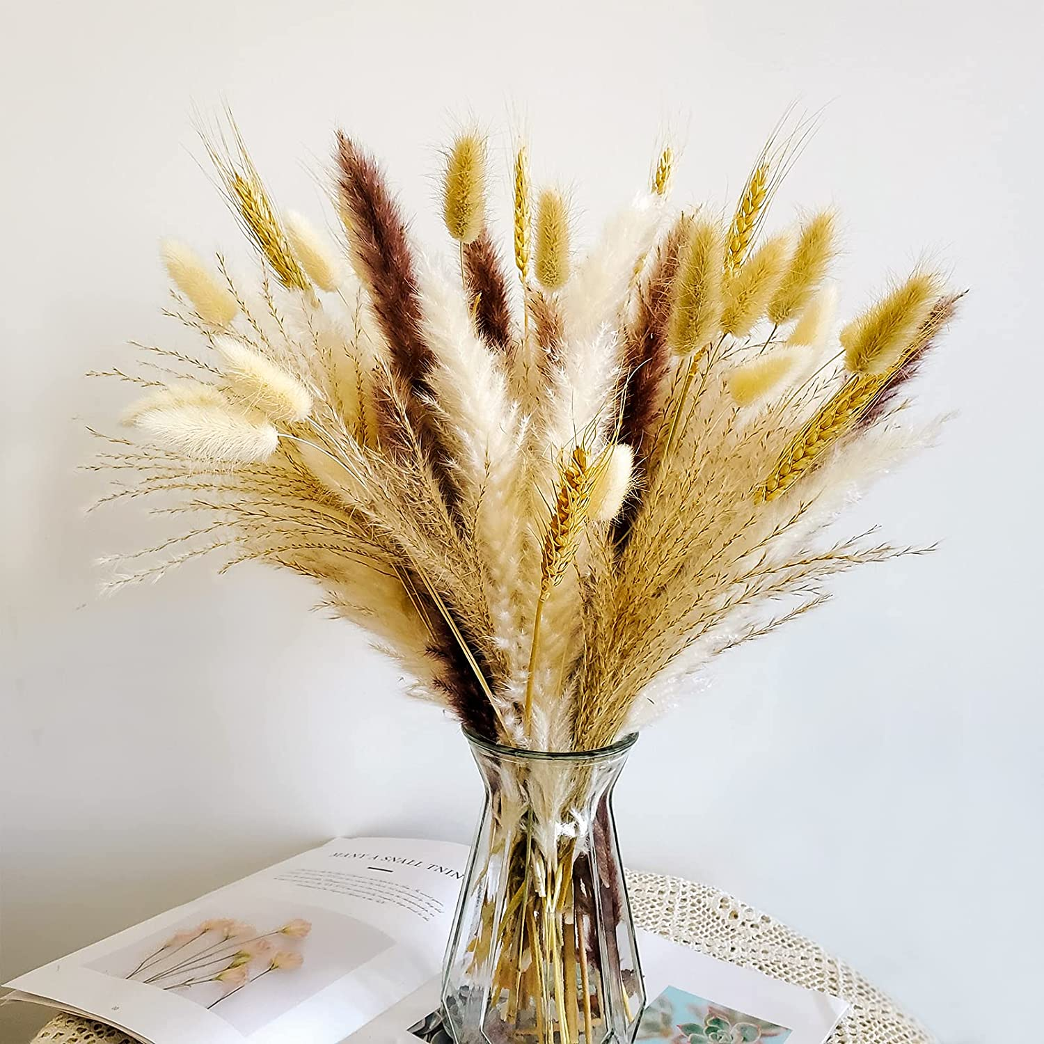 100 Pcs Pampas Grass - Natural Pampas & Reed Grass & Bunny Tails & Dried Wheat for Dried Flowers Arrangements Boho Wedding Home Decor