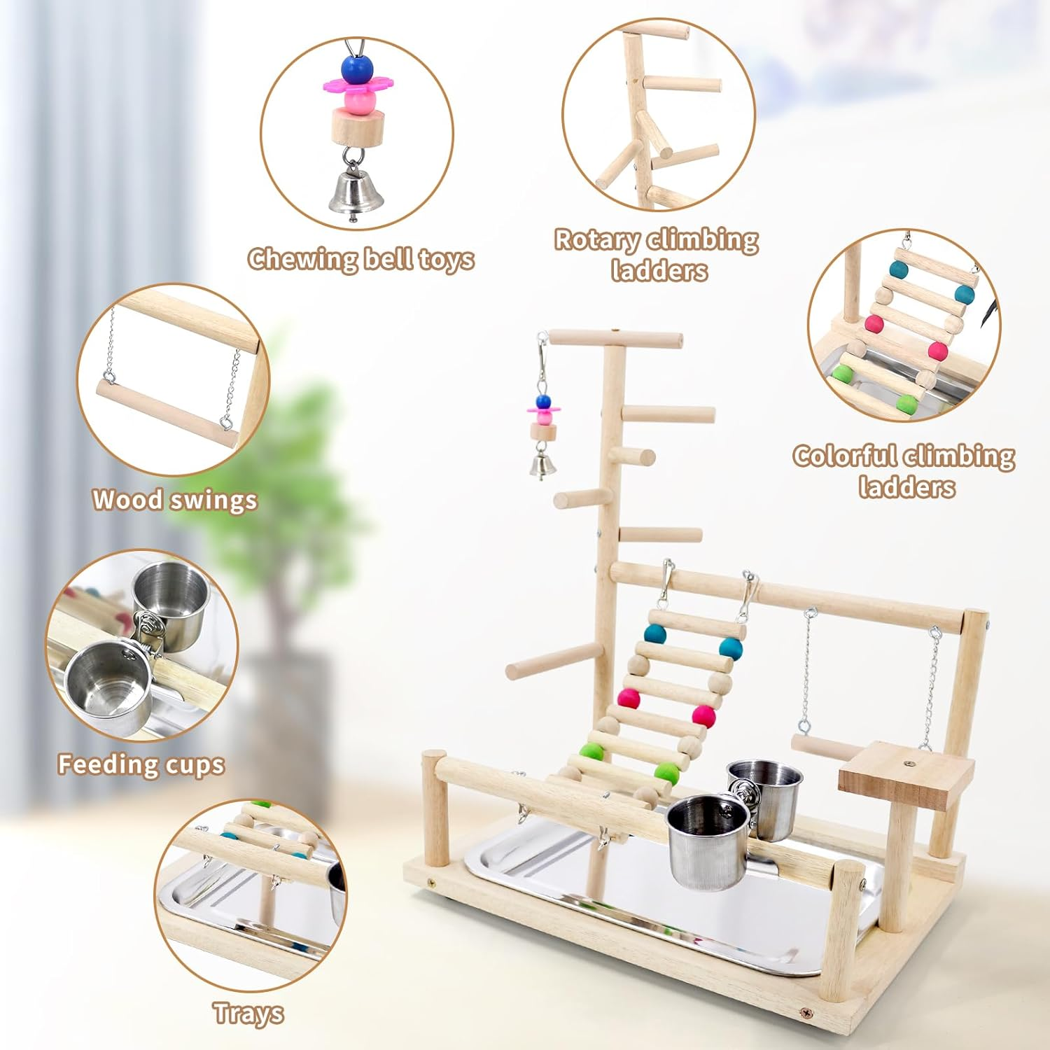 Bird Playstand Cockatiels Playground Perch Stand Parrot Play Gym for Parakeets Conures Parrotlets and Finches, Easy Assembly Includes Colorful Toys and Perch 1Ladder with Platform image number 6