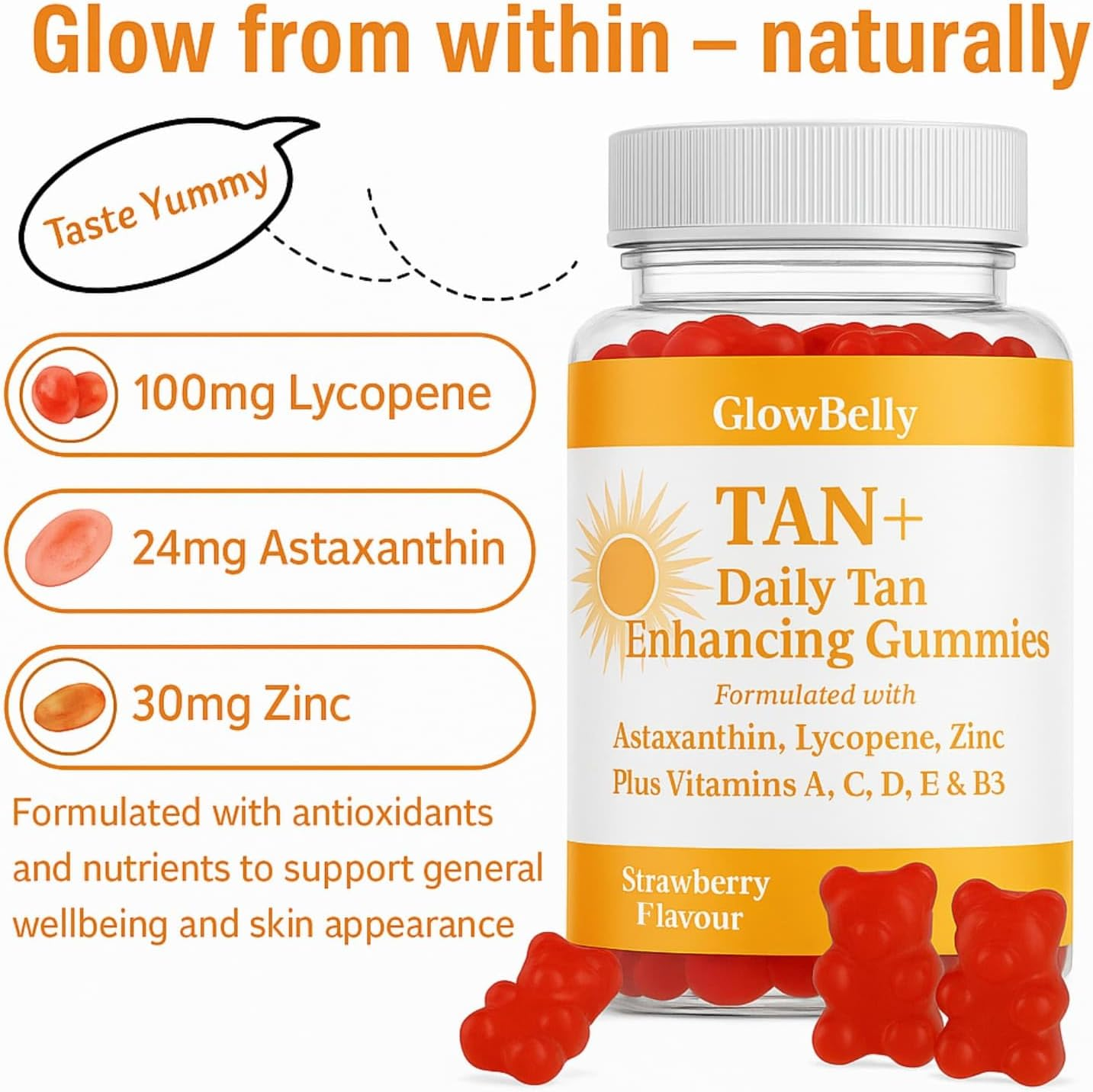Tan plus Strawberry Tanning Gummies | 24Mg Astaxanthin + 100Mg Lycopene + 7500Mg Beta Carotene, Zinc, Vitamins a C D B3 | Glow & Antioxidant Support Gummies | 60 Pieces by Glowbelly image number 1
