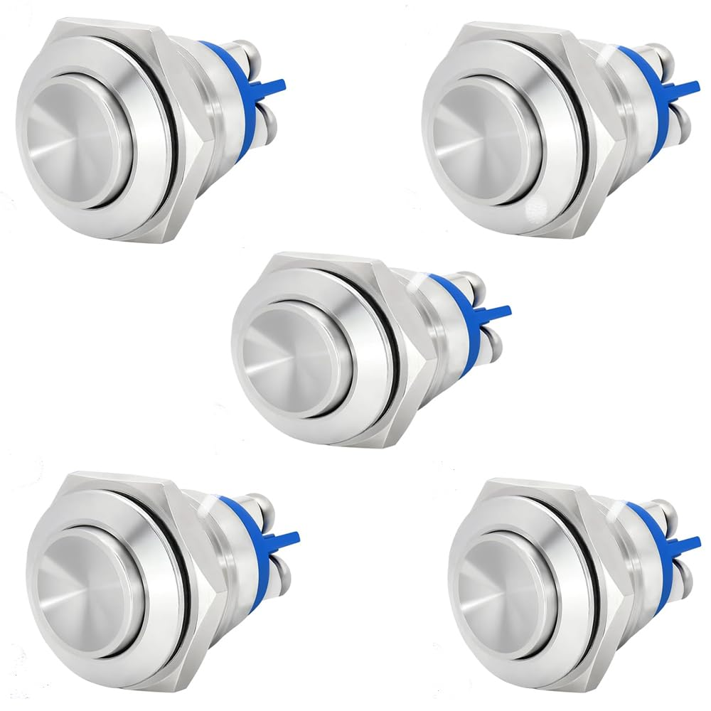 Walquicks 5 PCS 16MM Momentary Push Button Switch, UL Certified Waterproof IP67 Stainless Steel High round Cap, 250V AC 5A 12V-36V DC 2A, High Flush Screw Terminals image number 4