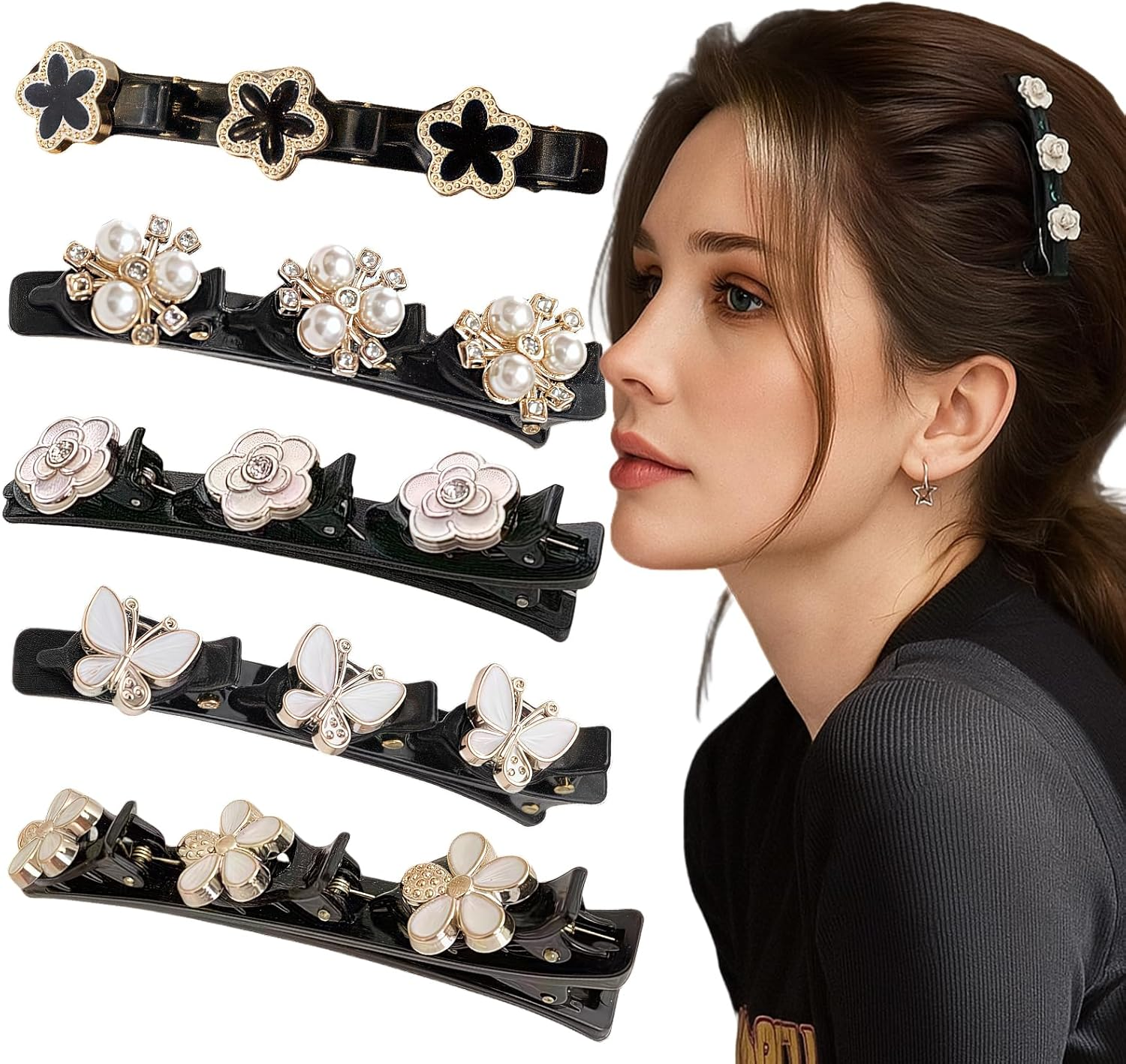 Pack of 5 Double Layer Hair Clip,Sskhe Women'S Braided Hair Clip,Flowers,Butterfly,Crystal Hair Accessories,Create a Variety of Elegant Hairstyles image number 4