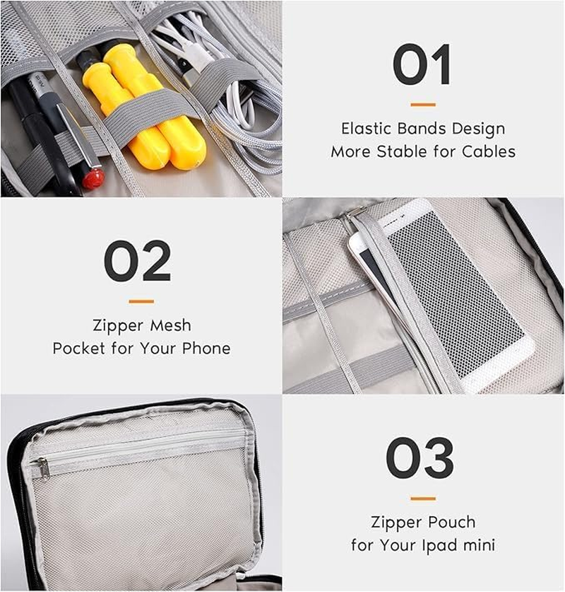 3 Layer Cable Organizer Bag, Universal Travel Electronics Accessories Storage Pouch for Cables, Headphones, Hard Drives, Adapters, Power Banks & More - Durable Travel Gear Carrying Case (Grey) image number 6