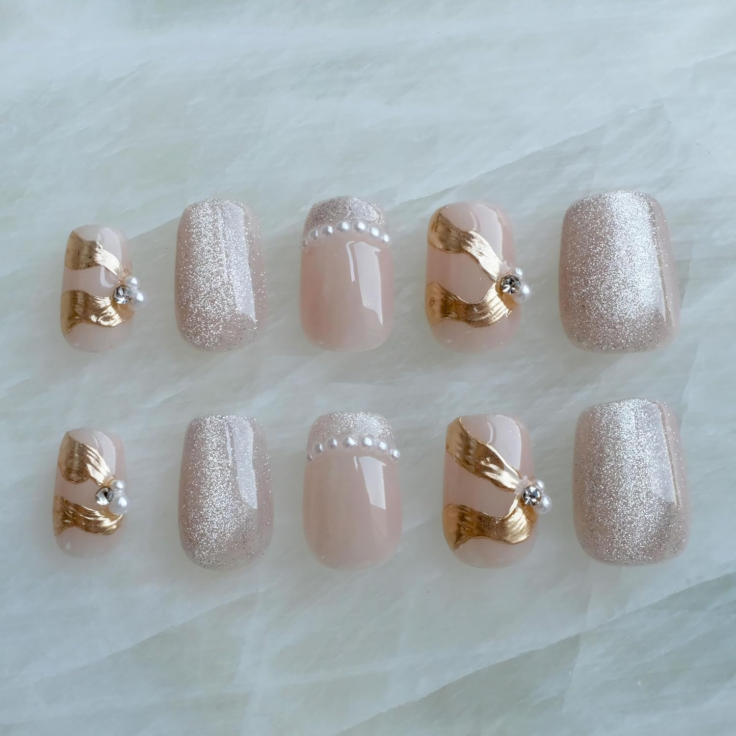 [GLORS] Purely Handmade Press on Nails | Elegant French Pink Pearl Gold Fake False Nail | Salon Quality in Short Square Shape, 10 Pieces (Small, SS) image number 3