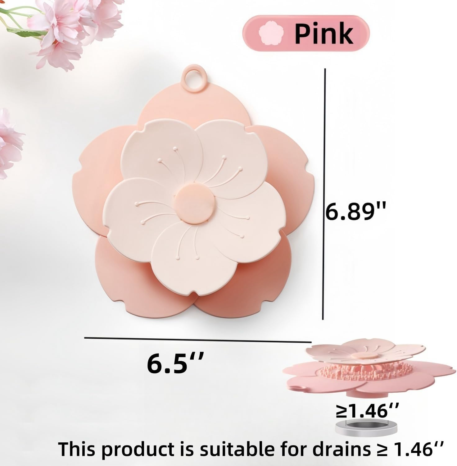 Dual-Use Drain Cover & Stopper with Strainer - Flower Shape Hair Catcher, Pink Silicone for Bathroom & Kitchen Sinks image number 1
