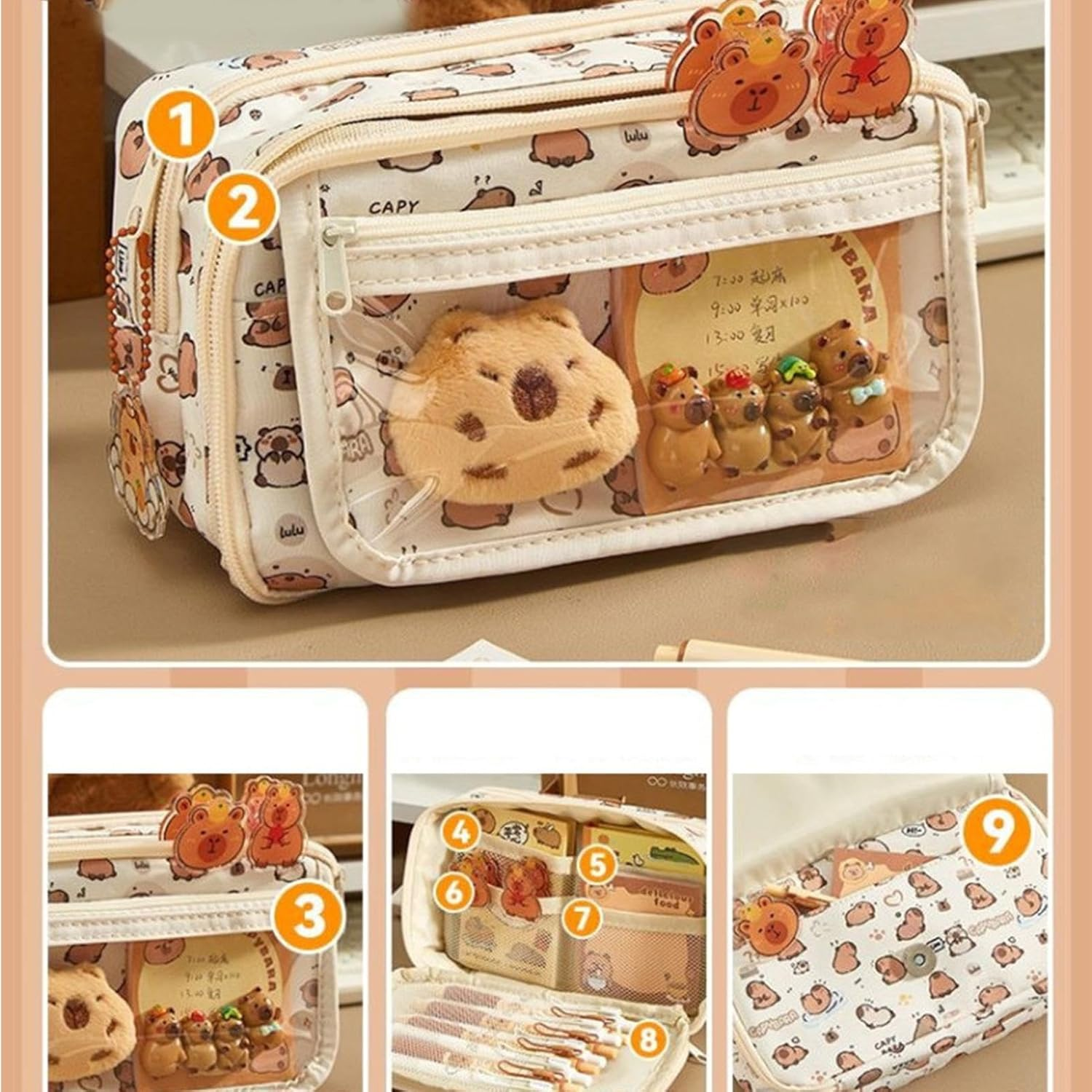 Generisch Capybara Plush Pencil Case - Cute Pen Holder Pencil Bag | Wide Opening Pencil Case, Office Supplies with 9 Compartments, Funny Cute Pen Holder Bag image number 3