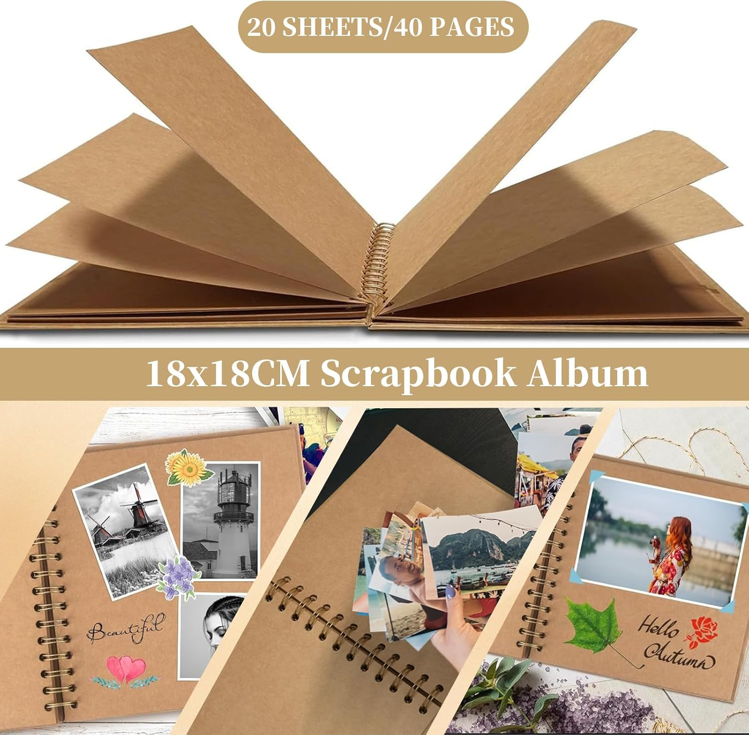 18X18Cm Scrapbook Album DIY Hardcover Kraft Paper Memory Book, 20 Sheets/40 Pages for Photos, Wedding, Family, Travel, Friends, Craft Blank Journal for Creative Projects, Art, Keepsakes (White) image number 1