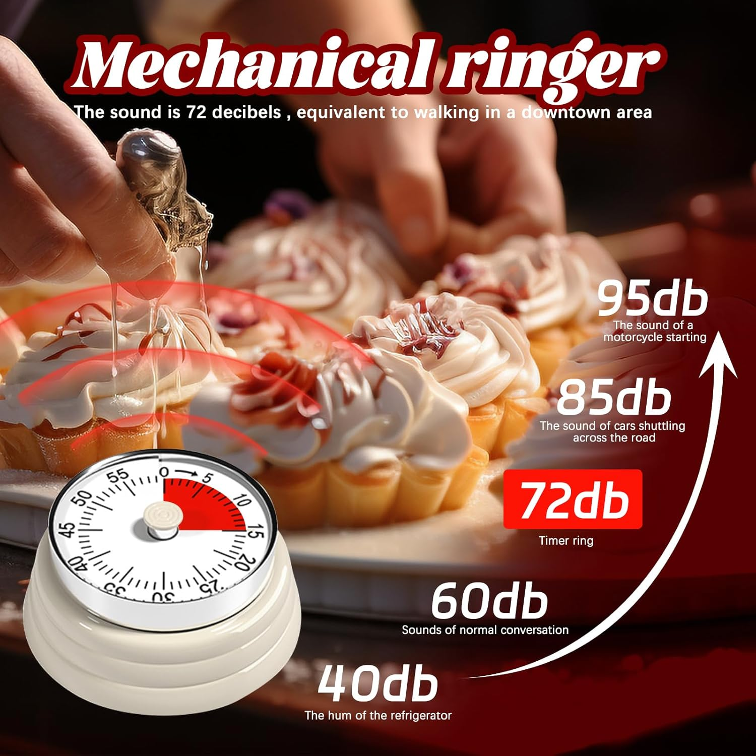 Timer, Mechanical Kitchen Timer, No Battery Needed, Manual Wind - Up, Magnet Attachable, for Cooking, Baking, Yoga & More, up to 1 Hour Precise Timing (Beige) image number 2