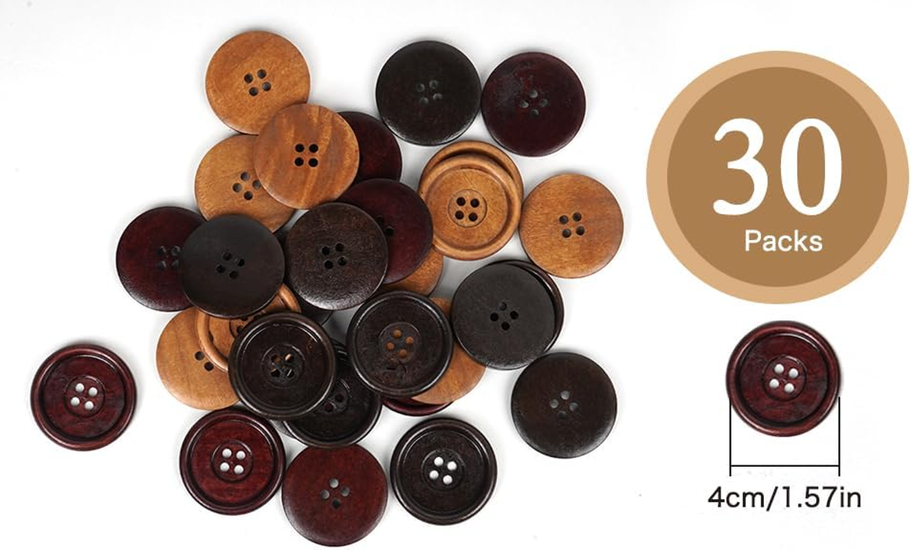 Chenkou Craft 30Pcs Big Size 40Mm 1 1/2" round Wood Buttons 4 Holes Craft Sewing Button (Mix) - Wine image number 3