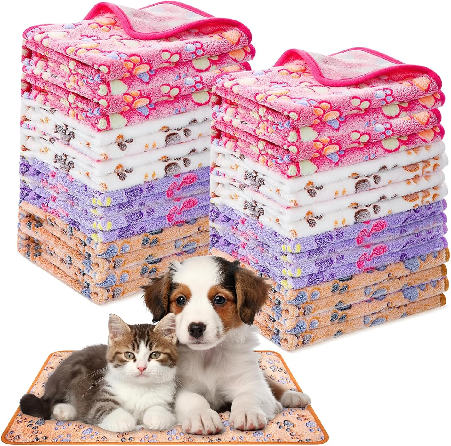 Pack of 16 Dog Blankets for Small Pets, Fluffy Fleece Blanket with Paw Pattern, Soft Flannel Blanket for Dog, Cat, Guinea Pig, Rabbit, Hamster - Sleeping Blanket, Cuddly Blanket 60 X 40 Cm, Bu image number 3