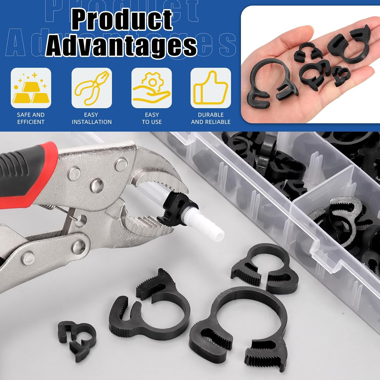 Glarks 57Pcs 6.1-26.1Mm Heavy Duty Black Double Gripping Nylon Hose Clamp Set, 5 Sizes Adjustable Speedy Double Snap Grip Hose Clamp with Locking Pliers, Plastic Snap Ratcheting Clamp Kit for Plumbing image number 3