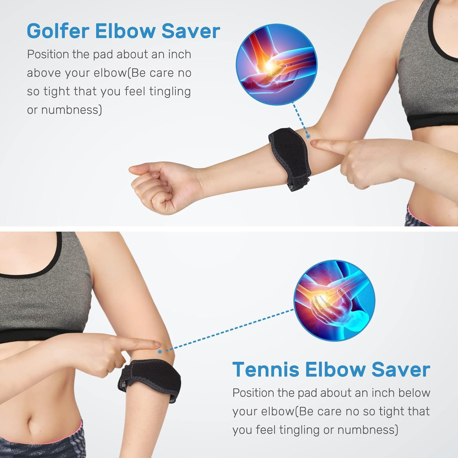 2 Packs Tennis Elbow Brace for Men & Women, Tendonitis Elbow Brace & Strap Golfers Elbow Brace Counterforce Band for Tendon Pain Relief & Support for Forearm (Blue/Black) image number 3