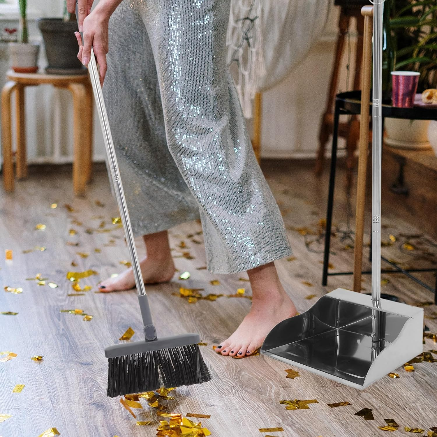 VALICLUD Stainless Steel Upright Dustpan with Long Handle, Heavy Duty Handheld Garbage Shovel for Indoor and Outdoor Cleaning, Large Size Ground Dustpan Suitable for Home and Garden Use