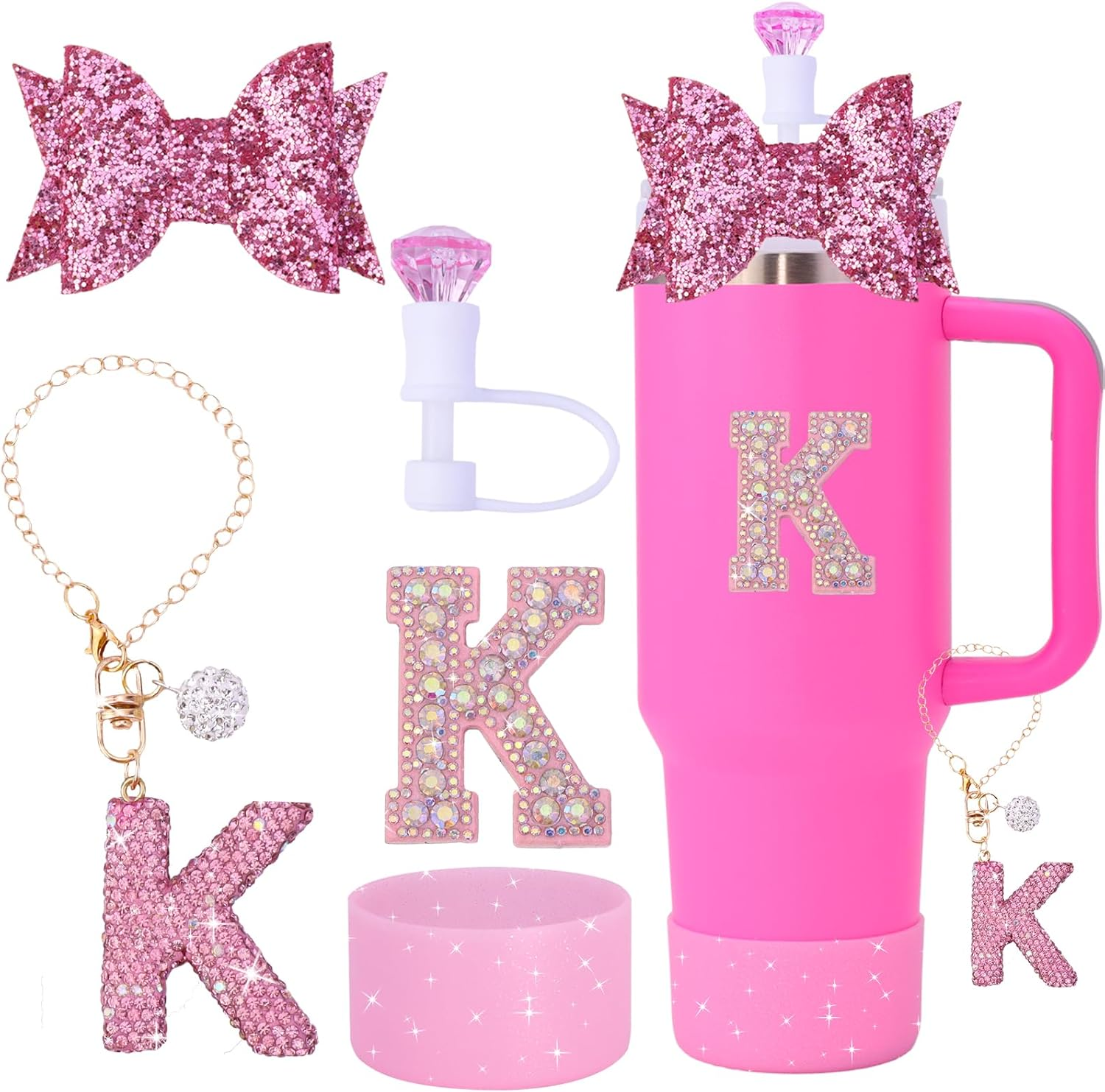 5Pcs Stanley Cup Accessories Set,Letter Charm for Stanley Cups,Including Diamond Straw,Bow Straw,Sparkly Silicone Boot for Stanley Cup 30Oz&40Oz(A)