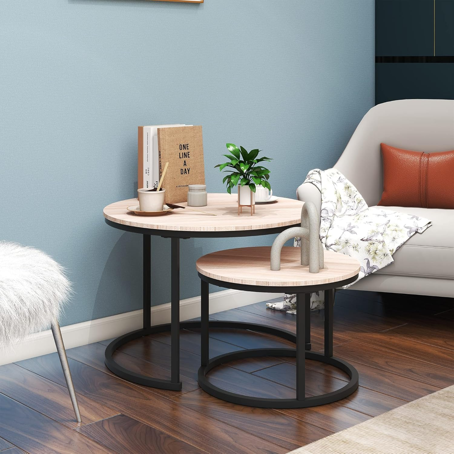 VERFARM round Nesting Coffee Table Modern Furniture Nesting Side Set of 2 Stacking Side Tea Table End Table for Living Room Balcony Office with Sturdy Metal Frame, Easy Assembly - Black image number 7