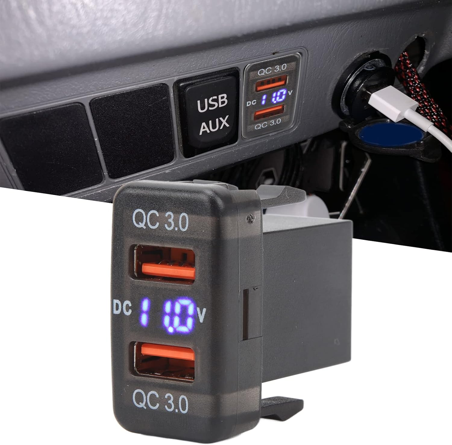 Dual USB Port Socket Car Power Adapter Overheat Proof LED Indicator QC3.0 Fast Charge DC 12V-24V for Hilux (1.57X0.87 Inch) image number 5