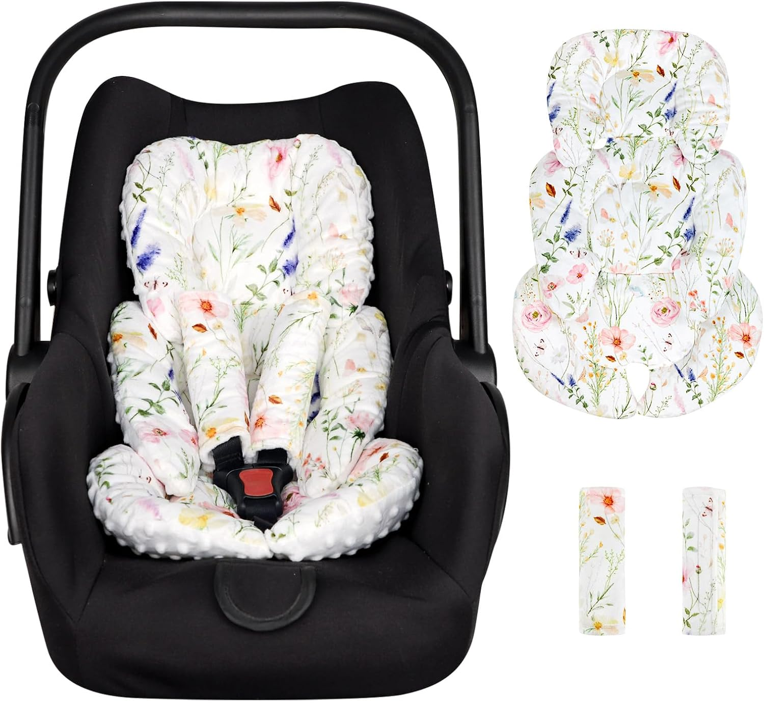 Infant Car Seat Insert Cushion, Super Soft Baby Car Seat Head Support & 2 Straps Pads, Reversible Preemie Newborn Carseat Insert, Fit Car Seat, Stroller, Infant Bouncer, Wildflowers