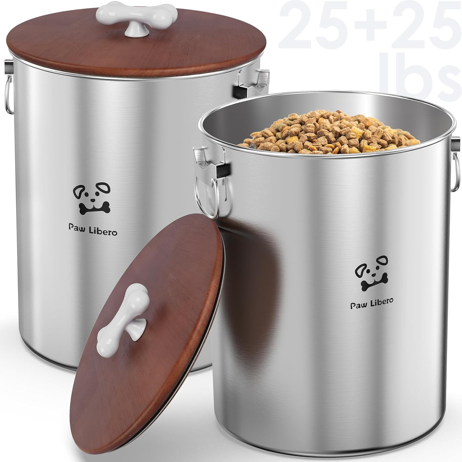2PK 25 Lbs Total 50 Lbs Stainless Steel Dog Food Storage Container with Airtight Wooden Lid & Ceramic Bone Handle, Large Metal Dog Food Bin for Dogs & Cats, Keep Fresh, Easy to Clean image number 5