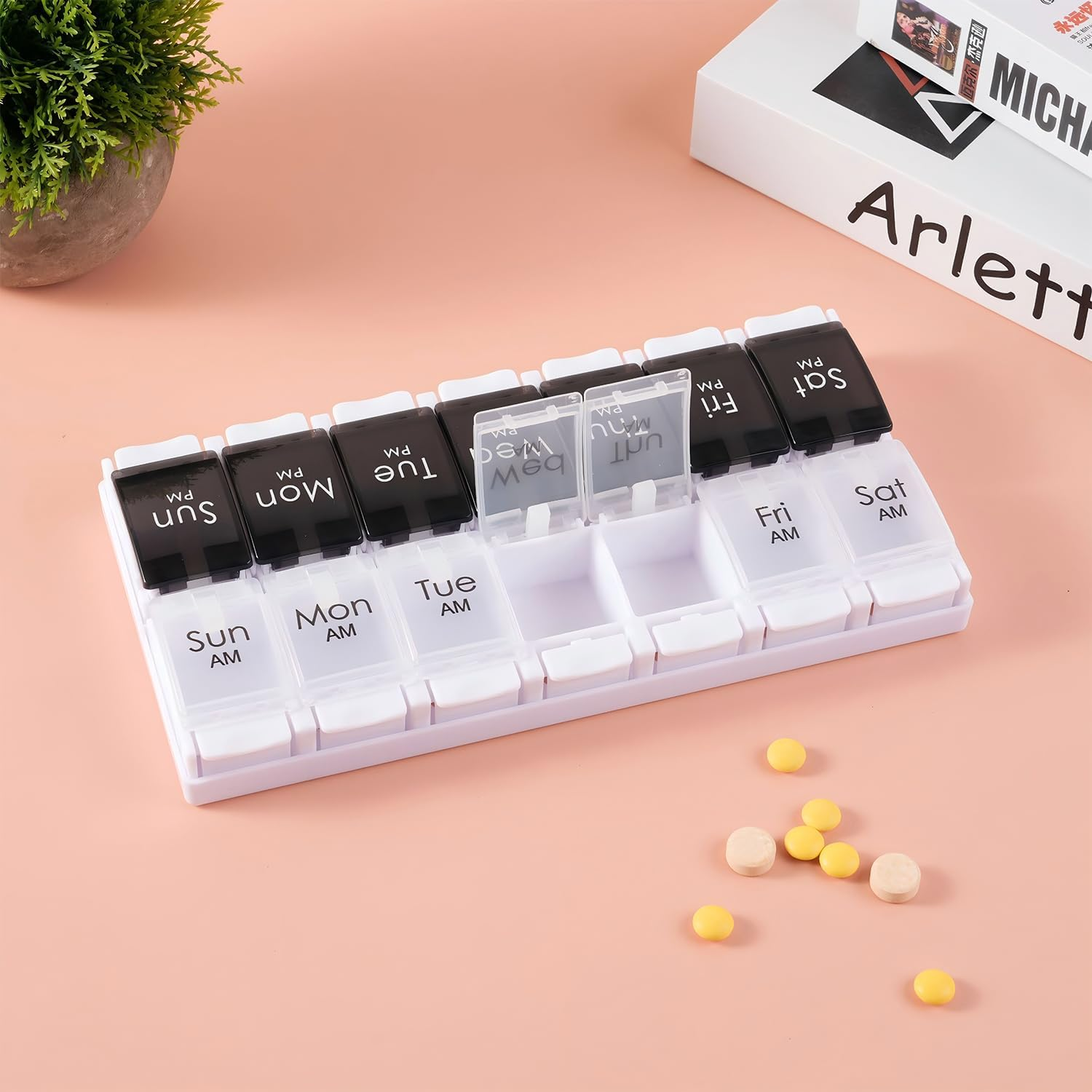 Push Button Pill Organizer 2 Times a Day, AM PM Pill Box 7 Day, 14 Compartments Pill Dispenser, Transparent Large Weekly Pill Container (Black and White) image number 1