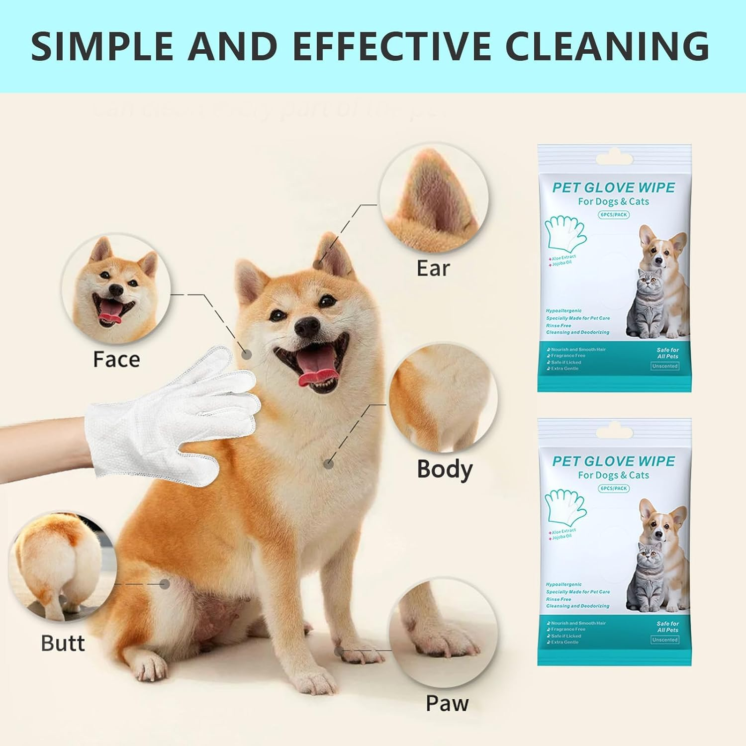 12PCS Pet Glove Wipe for Dog and Cat, Wash Free Gentle Cleaning Grooming Wipes for Fur Face Body Ear Eye Smelly Paws Bum Pet Cleaning Wipes for Daily Care and Traveling image number 6