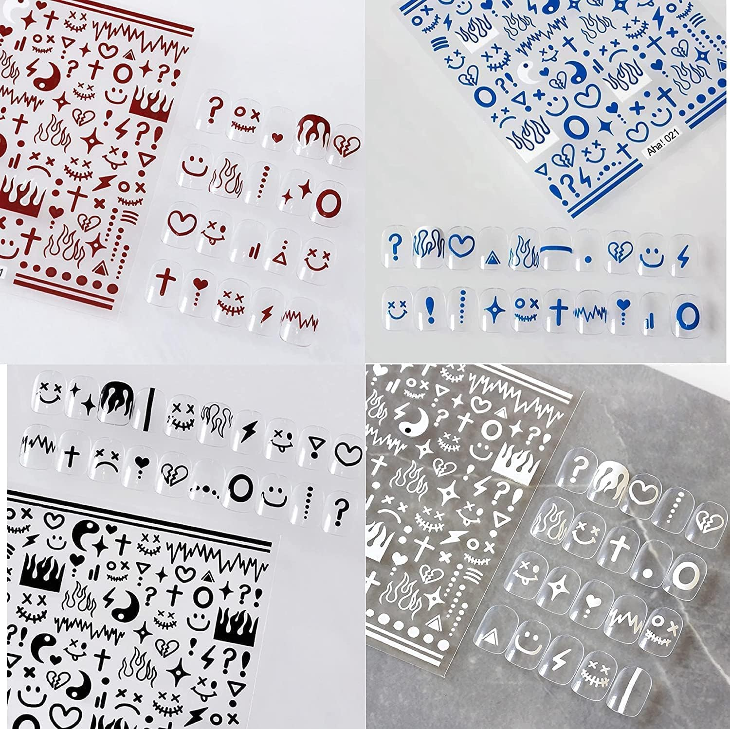 4 Sheets Klein Blue Flame Smile Face Nail Art Sticker Decals Ins Minimalist Style Klein Blue Nail Art Sticker Impressionist Lines Star Smile Face for Men and Women Nail Art Decoration (4 Colors) image number 2