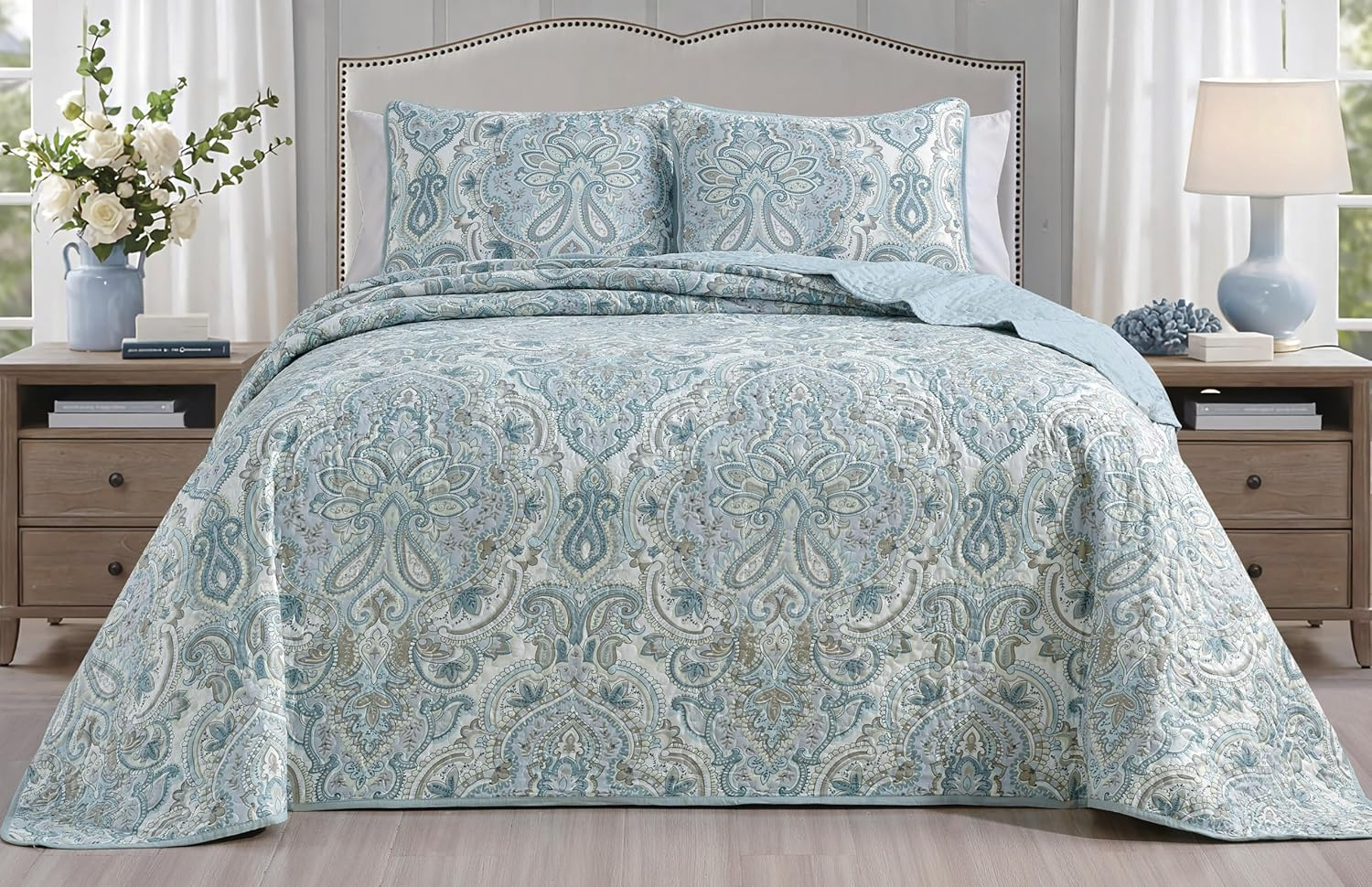 Grand Linen - 3-Piece Oversize (100 X 95) Fine Printed Prewashed Quilt Set Reversible Bedspread Coverlet Full/Queen Size All-Season Bed Cover (Purple. Grey, Brown, White, Floral)