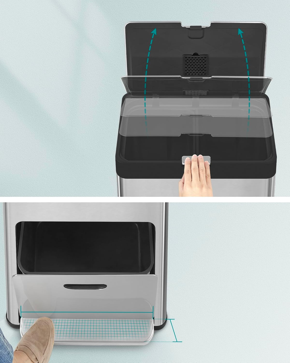 SONGMICS Kitchen Bin, 2 X 17L and 26L Volumes, 3-Compartment Bin for General Waste, Food Waste, and Recycling, Carbon Filter, Wide Pedal, Silver LTB550E60 image number 5