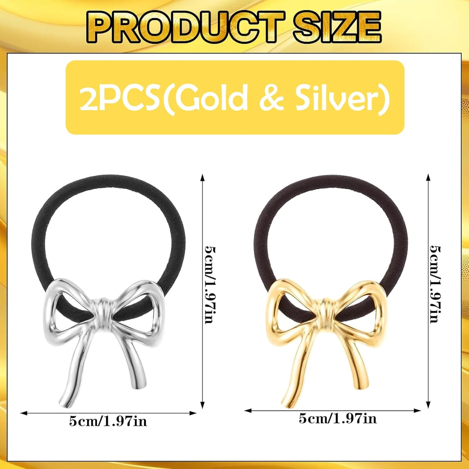ASOMI 2 Pieces Metal Hair Ties for Women Bow and Ponytail Holder Elegant Rubber Bands for Long Thick Thin Curly Hair (Gold, Silver) image number 4