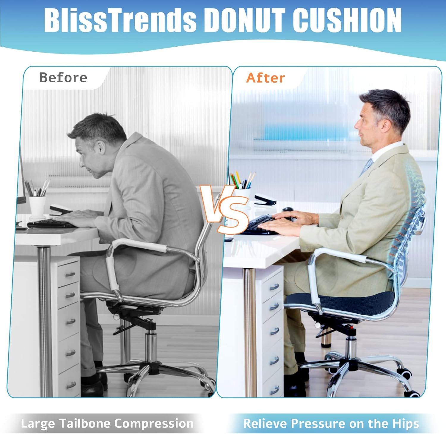 Blisstrends Donut Pillow Seat Cushion,Donut Chair Cushions for Postpartum Pregnancy & Hemorrhoids,Tailbone Pain Relief Cushion,Memory Foam Lifting Cushions for Office&Home Chairs (Blue)