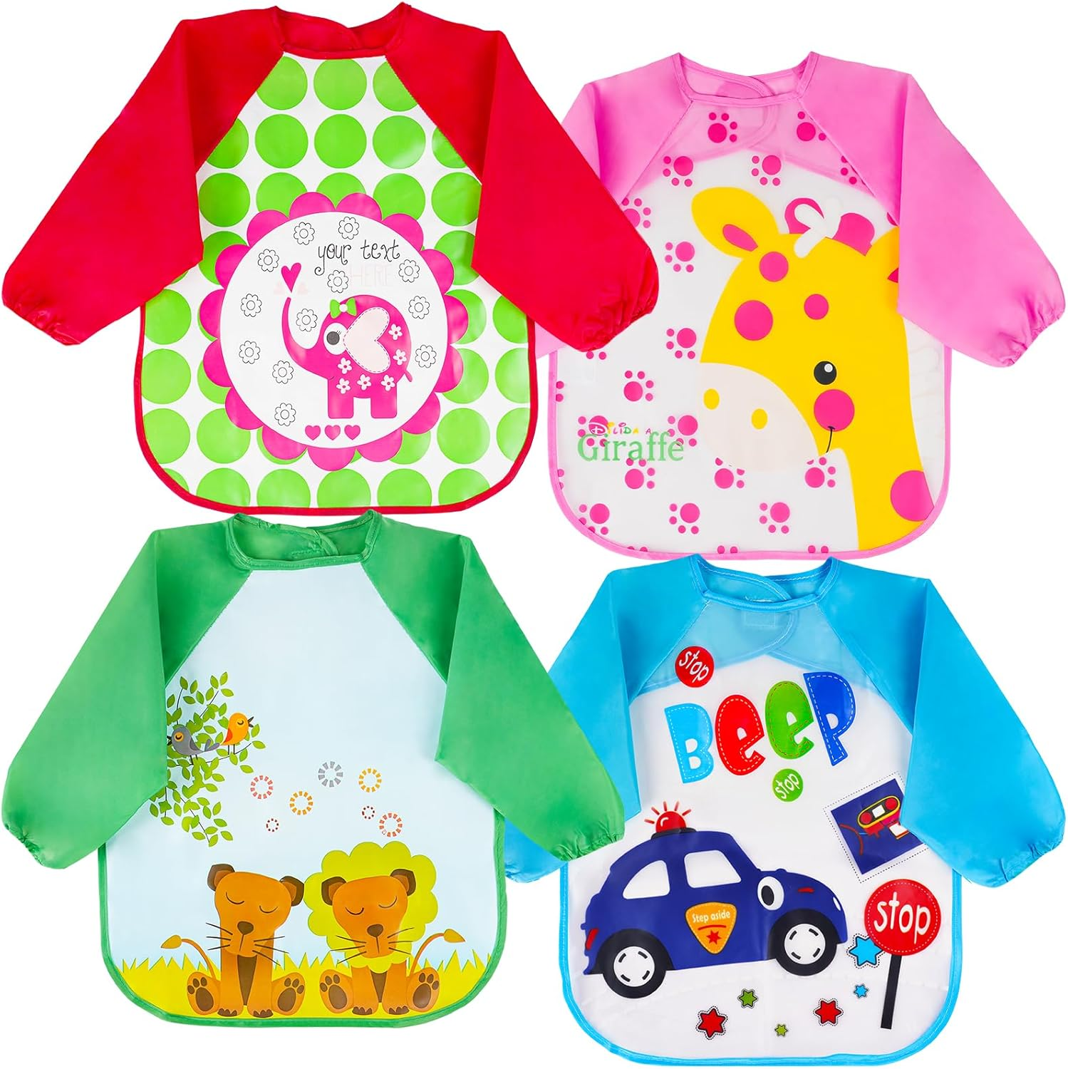 Vicloon Bibs with Sleeves,4 Pcs Waterproof Long Sleeve Bib Unisex Feeding Bibs Apron for Infant Toddler 6 Months to 3 Years Old