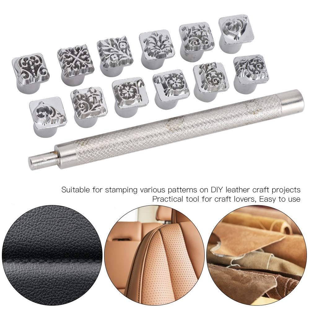 Fdit 12Pcs Leather Stamping Tool Set, Zinc Alloy Craft Stamp Punch for Leatherworking, DIY Embossing & Pattern Making | with Comfort Grip Handle for Belts, Wallets & Journals image number 3