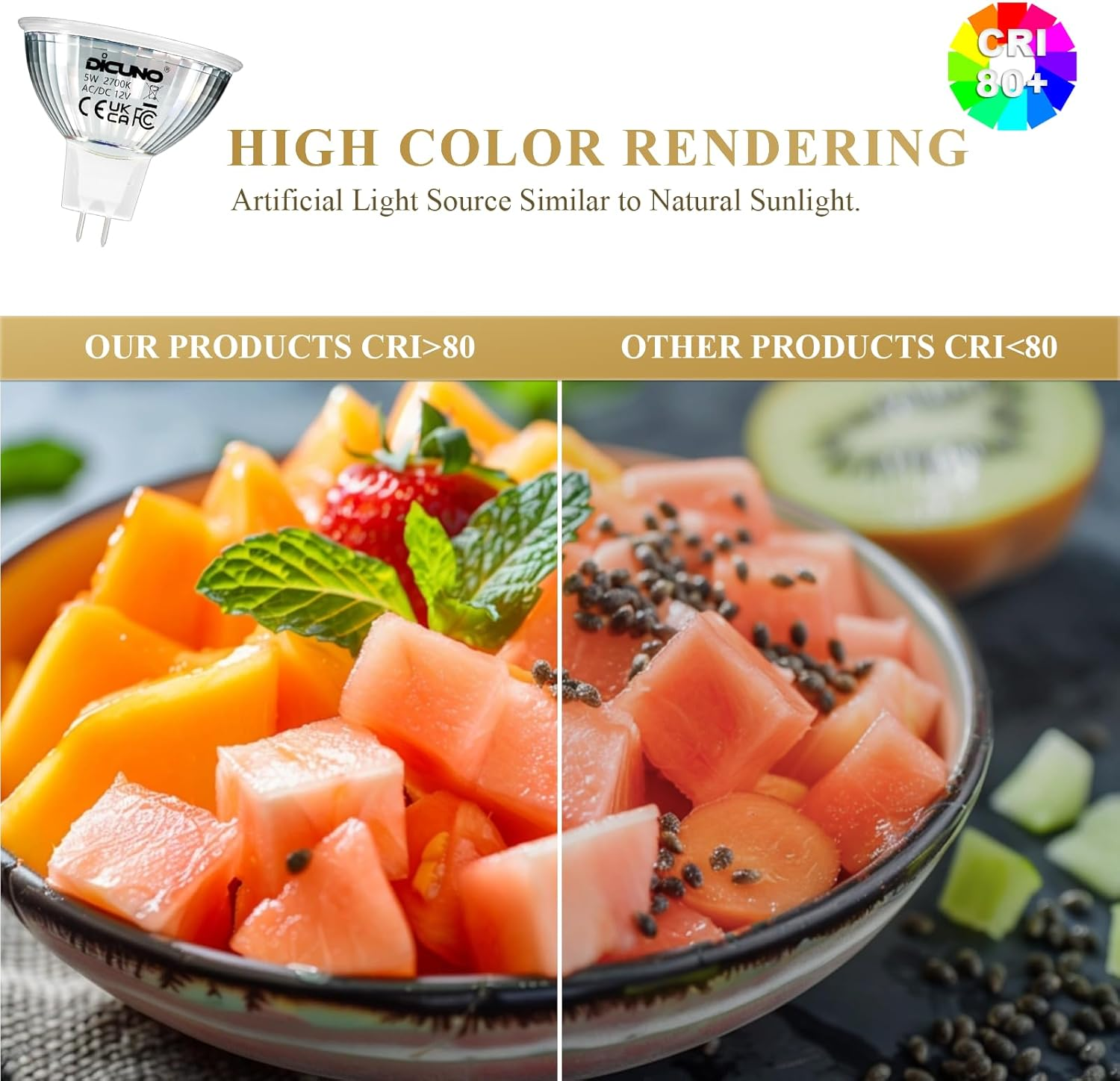 Dicuno MR16 LED Bulb, GU5.3 5W Spotlight, 50W Halogen Equivalent, 500LM, Warm White 2700K, 12V, 120&deg; Beam Angle, Non-Dimmable, 6 Packs - Natural White 4000K image number 4