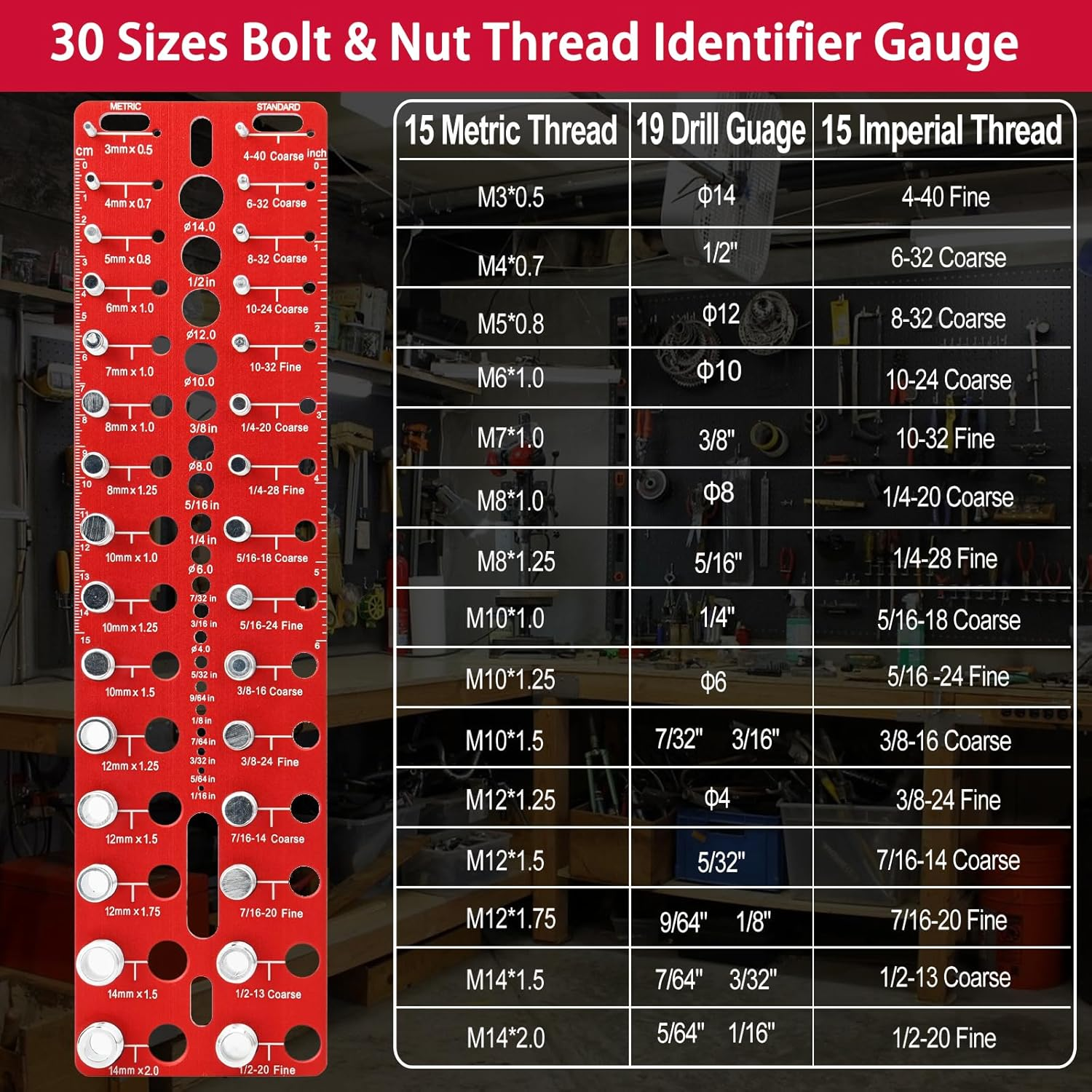 Thread Checker, 49 Nut and Bolt Thread Checker, Screw Size and Thread Identifier Gauge with 15 Standard & 15 Metric &19 Drill Bit Gauges, Bolt Size Finder for Quickly Identify Thread Sizes image number 5