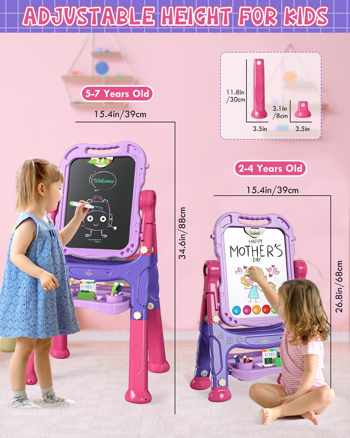 Lehoo Castle 4 in 1 Easel Set for Kids, Kids' Art Easels Height Adjustable, White & Black Board Double Side 360&deg; Rotation, Chalk and Magnet Available with Writing and Drawing Supplies (Purple) image number 2