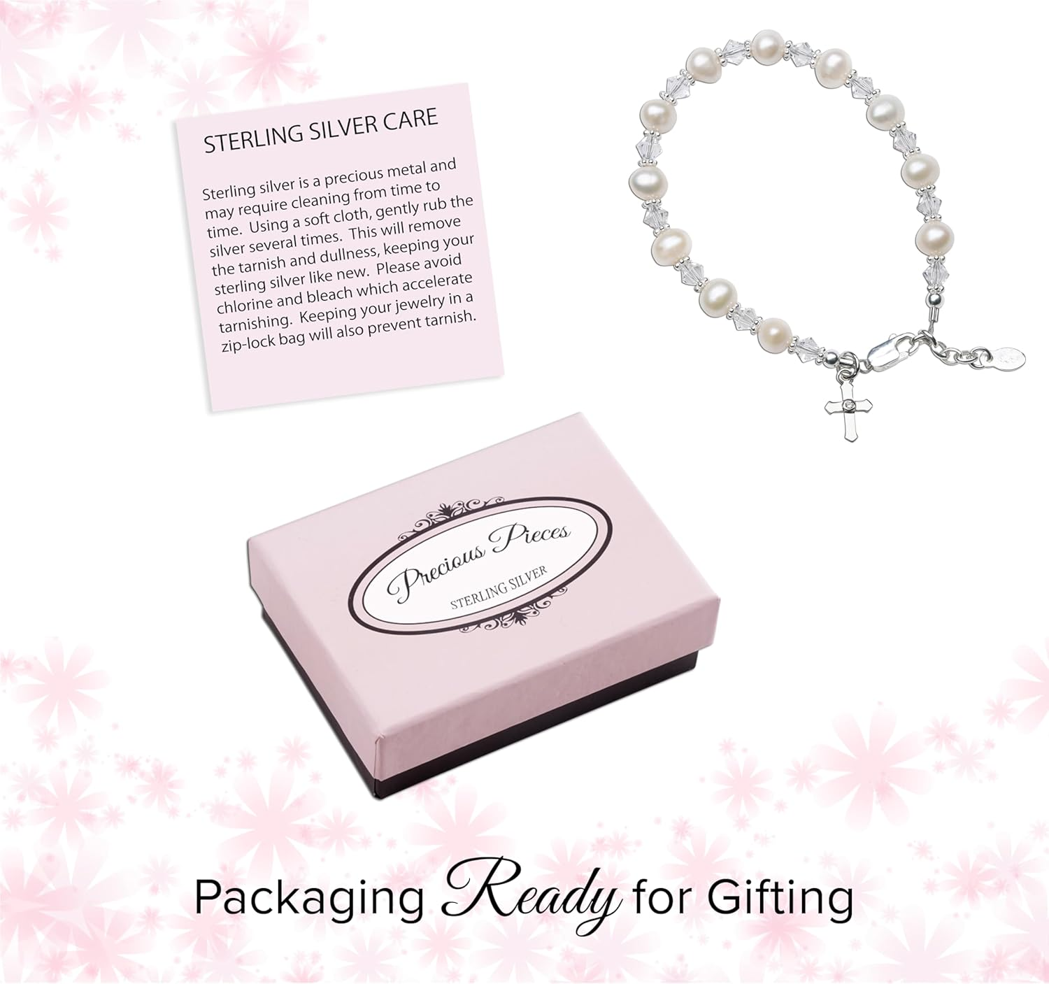 Children'S Sterling Silver Cross Bracelet And/Or Necklace with Cultured Pearl and High End Crystal for First Communion, Baptism or Christening image number 3